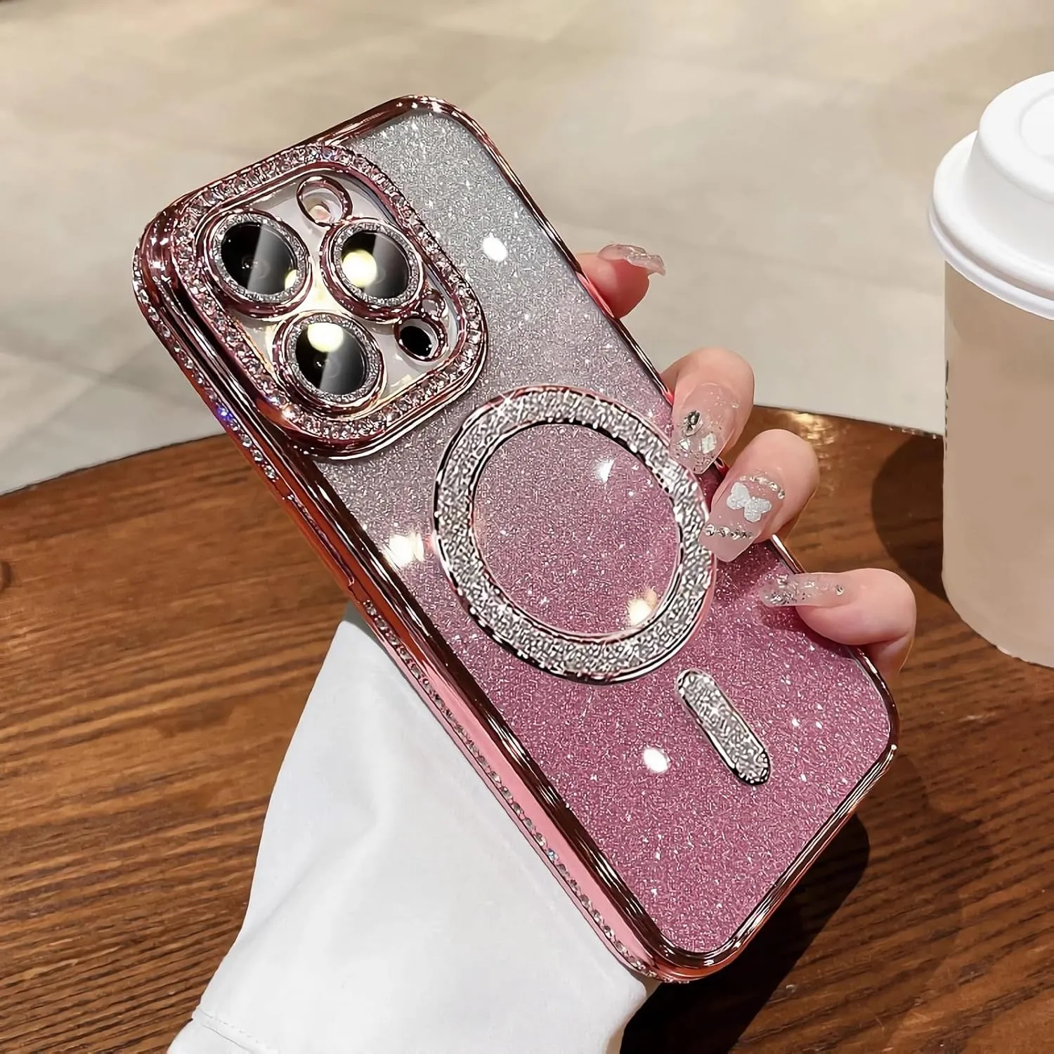 LXK Magnetic Glitter Case for iPhone 16 Pro Max 6.9" [Compatible with MagSafe] Military-Grade Protection, Clear Cute Glitter Bling Cover Sparkle Diamond Camera Protector Cover for Women Girls, Pink