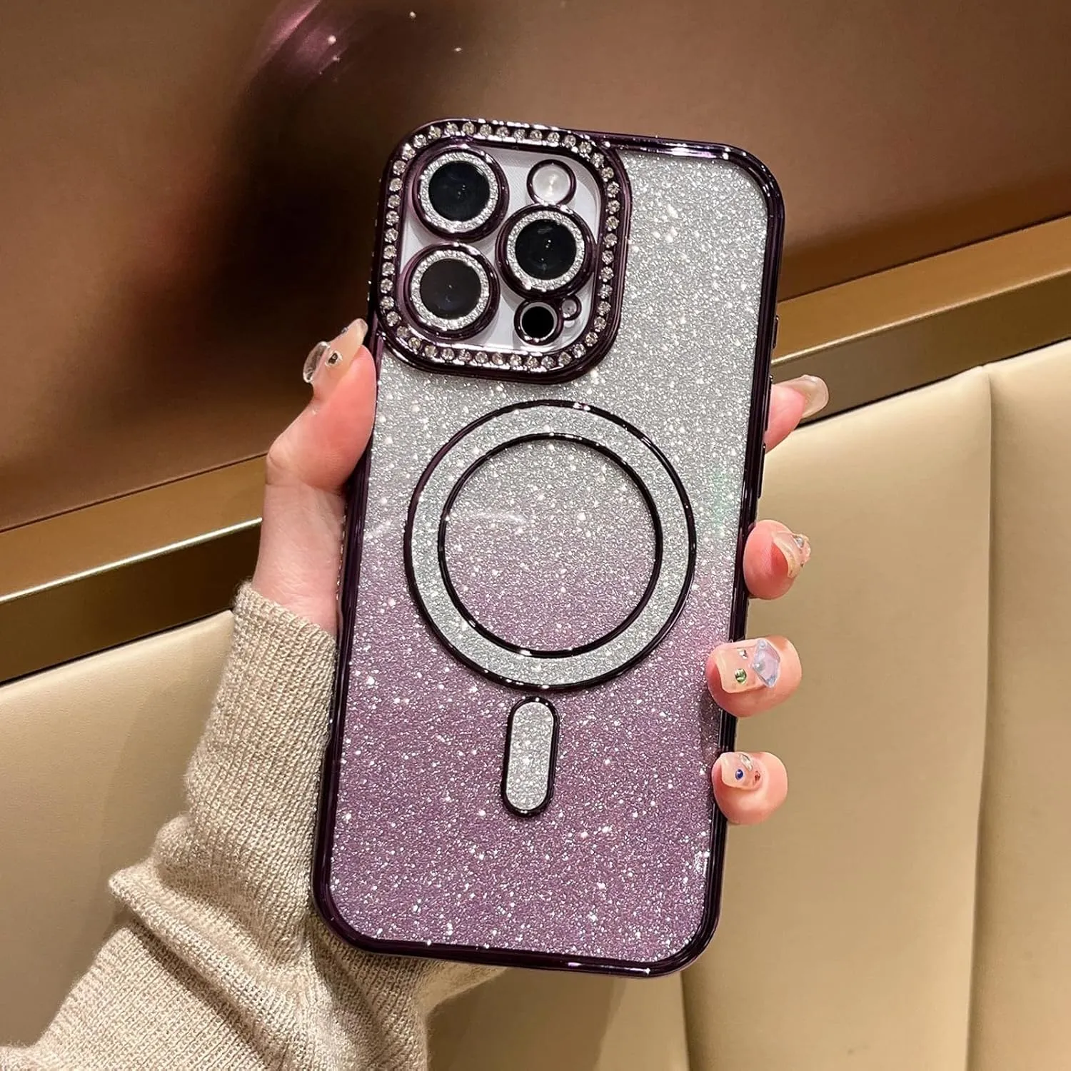 LXK Magnetic Glitter Case for iPhone 16 Pro Max 6.9" [Compatible with MagSafe] Military-Grade Protection, Clear Cute Glitter Bling Cover Sparkle Diamond Camera Protector Cover for Women Girls, Purple