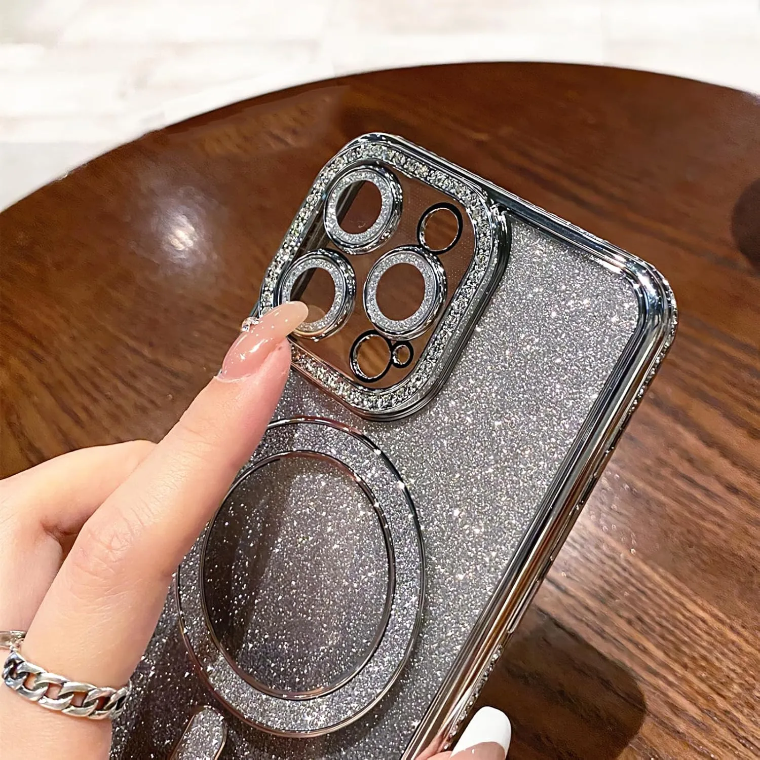 LXK Magnetic Glitter Case for iPhone 16 Pro Max 6.9" [Compatible with MagSafe] Military-Grade Protection, Clear Cute Glitter Bling Cover Sparkle Diamond Camera Protector Cover for Women Girls, Silver