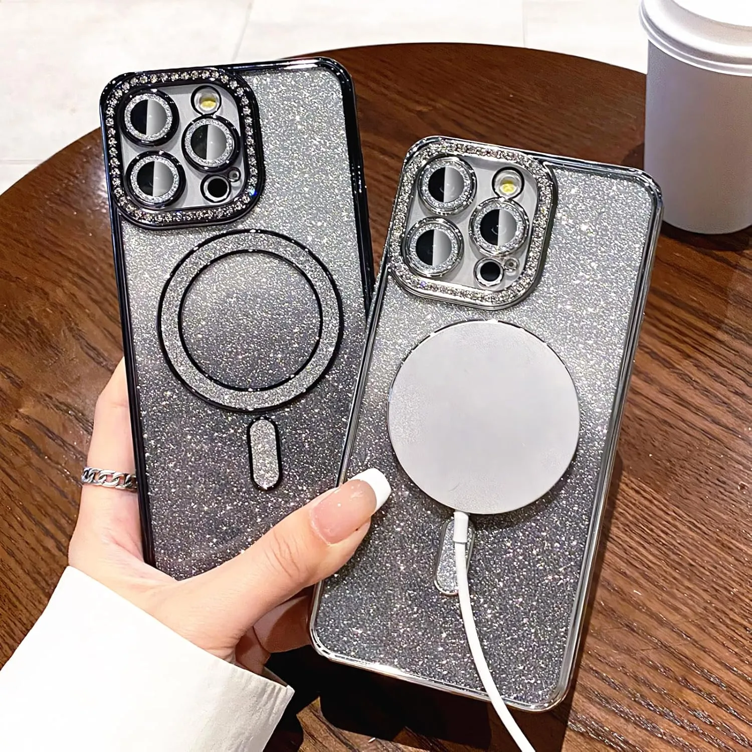 LXK Magnetic Glitter Case for iPhone 16 Pro Max 6.9" [Compatible with MagSafe] Military-Grade Protection, Clear Cute Glitter Bling Cover Sparkle Diamond Camera Protector Cover for Women Girls, Silver