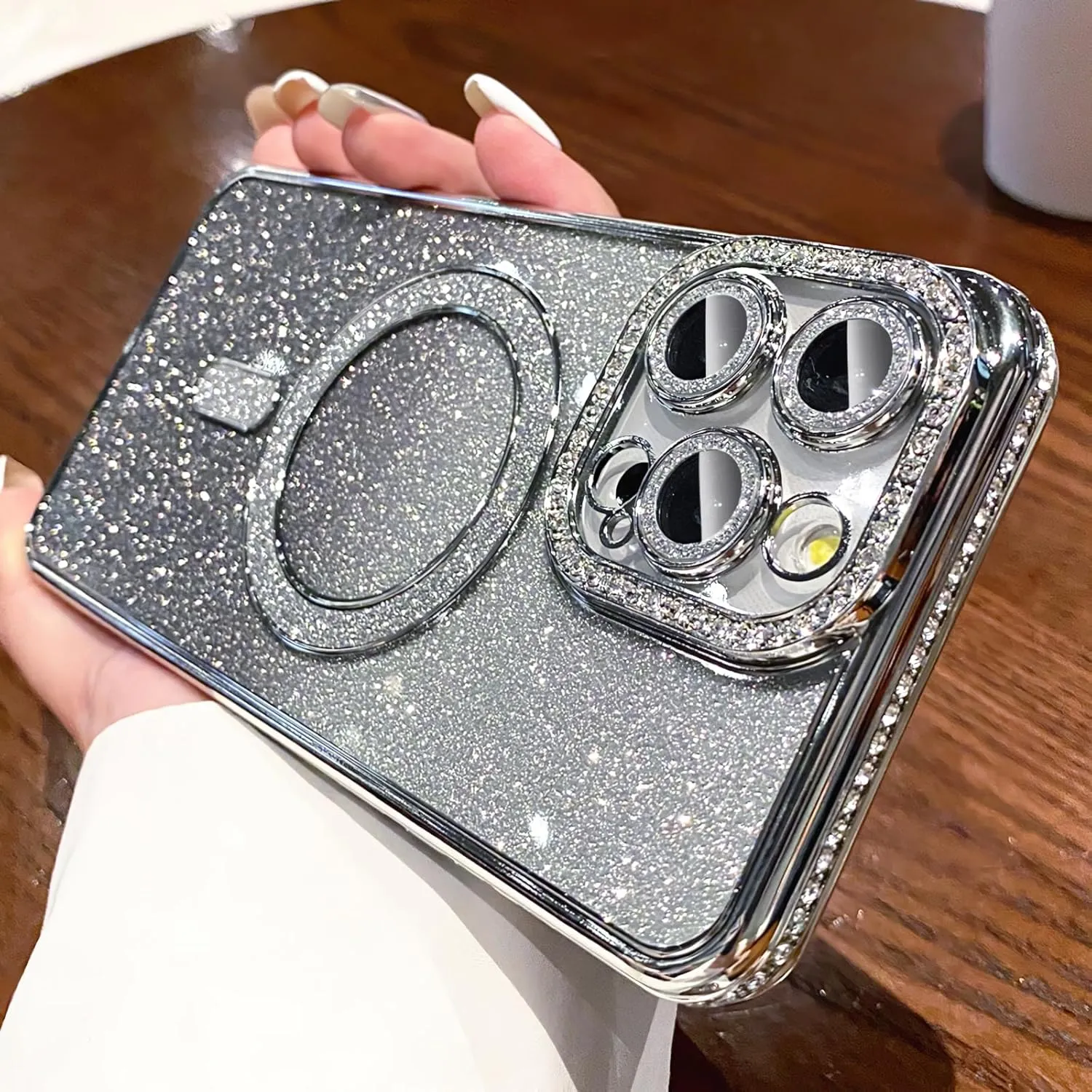 LXK Magnetic Glitter Case for iPhone 16 Pro Max 6.9" [Compatible with MagSafe] Military-Grade Protection, Clear Cute Glitter Bling Cover Sparkle Diamond Camera Protector Cover for Women Girls, Silver