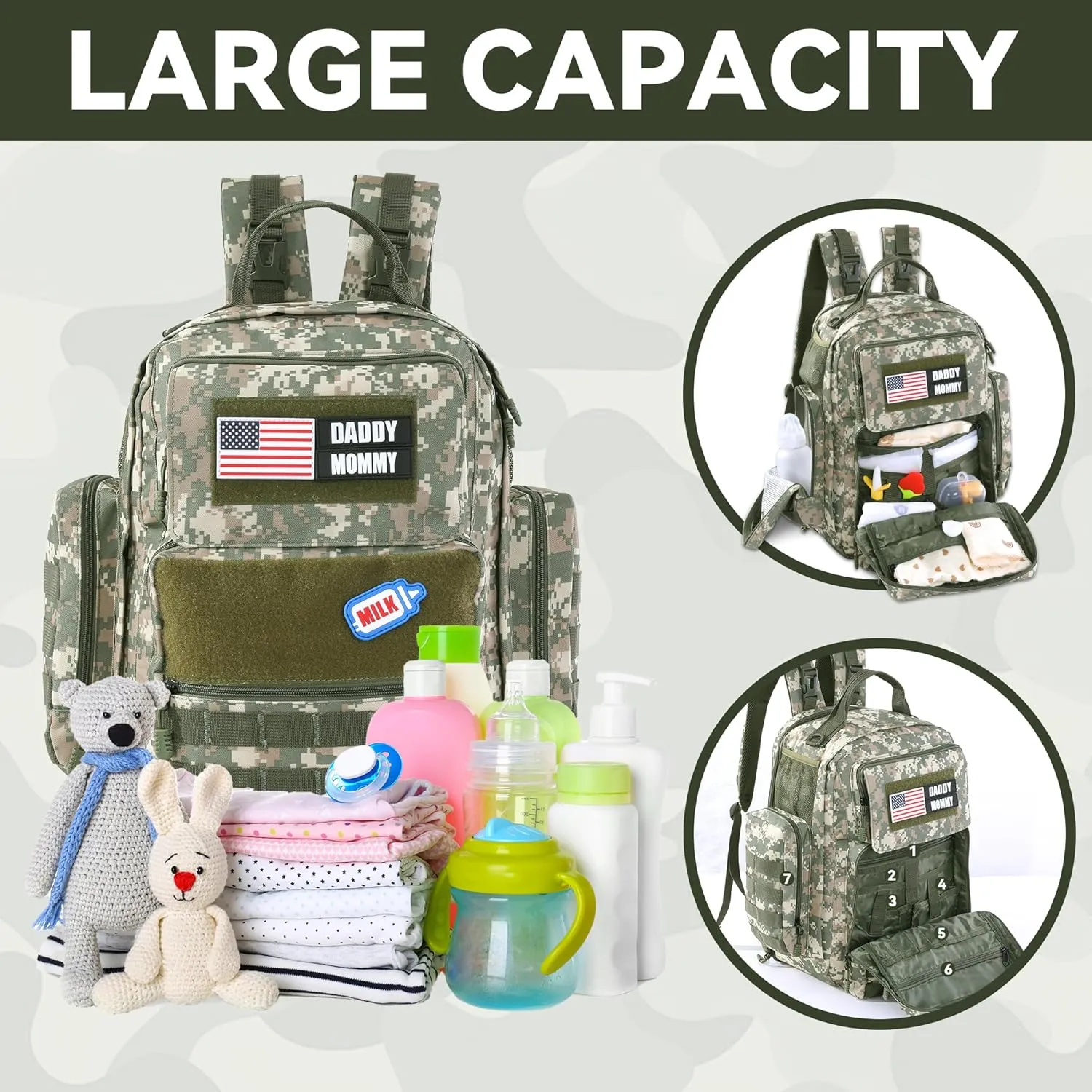 MABOZOO Diaper Bag Backpack for Dad, Green Camouflage Military Diaper Bag Backpack with Waterproof Changing Pad,Large Mens Baby Bag,Unisex Molle Style Baby Backpack Bag
