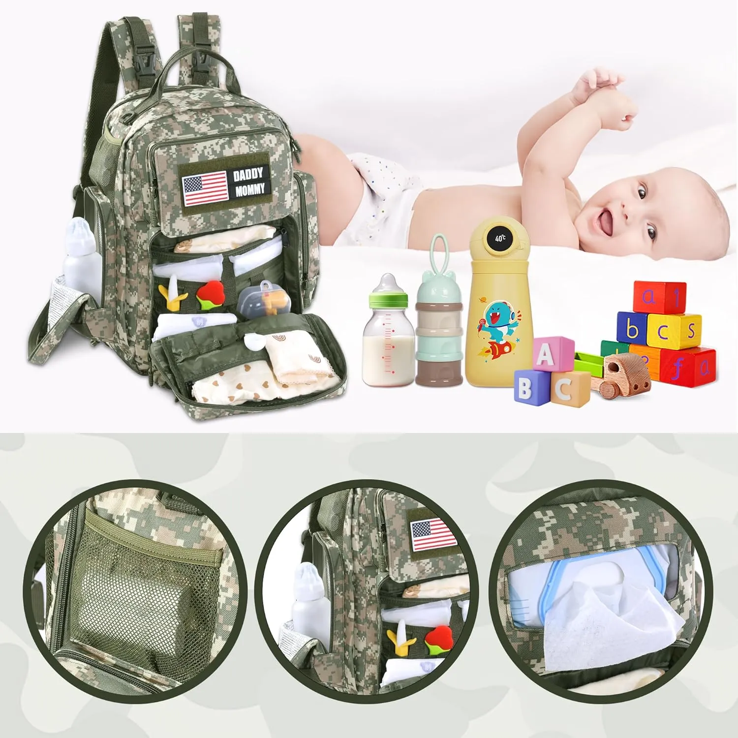 MABOZOO Diaper Bag Backpack for Dad, Green Camouflage Military Diaper Bag Backpack with Waterproof Changing Pad,Large Mens Baby Bag,Unisex Molle Style Baby Backpack Bag