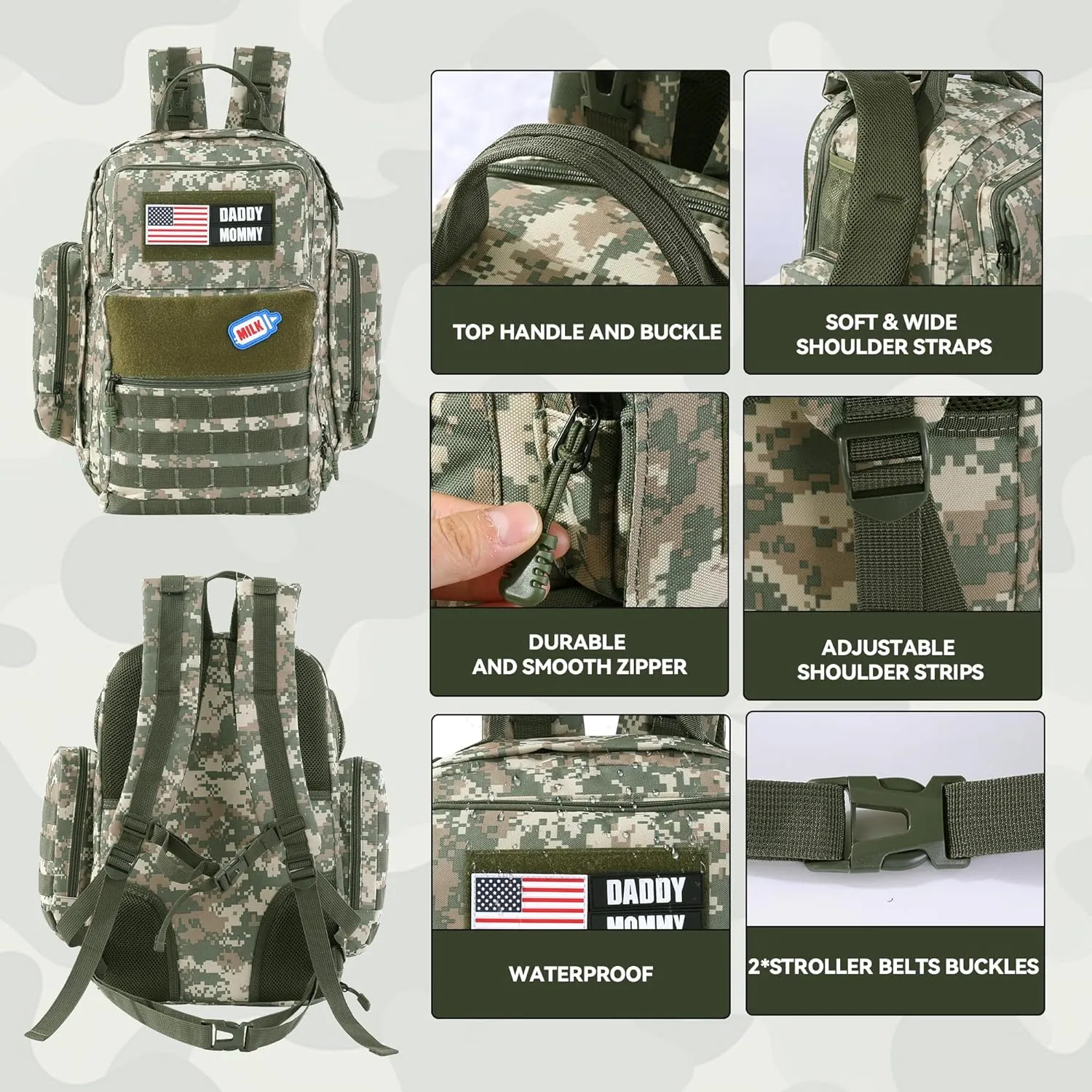 MABOZOO Diaper Bag Backpack for Dad, Green Camouflage Military Diaper Bag Backpack with Waterproof Changing Pad,Large Mens Baby Bag,Unisex Molle Style Baby Backpack Bag