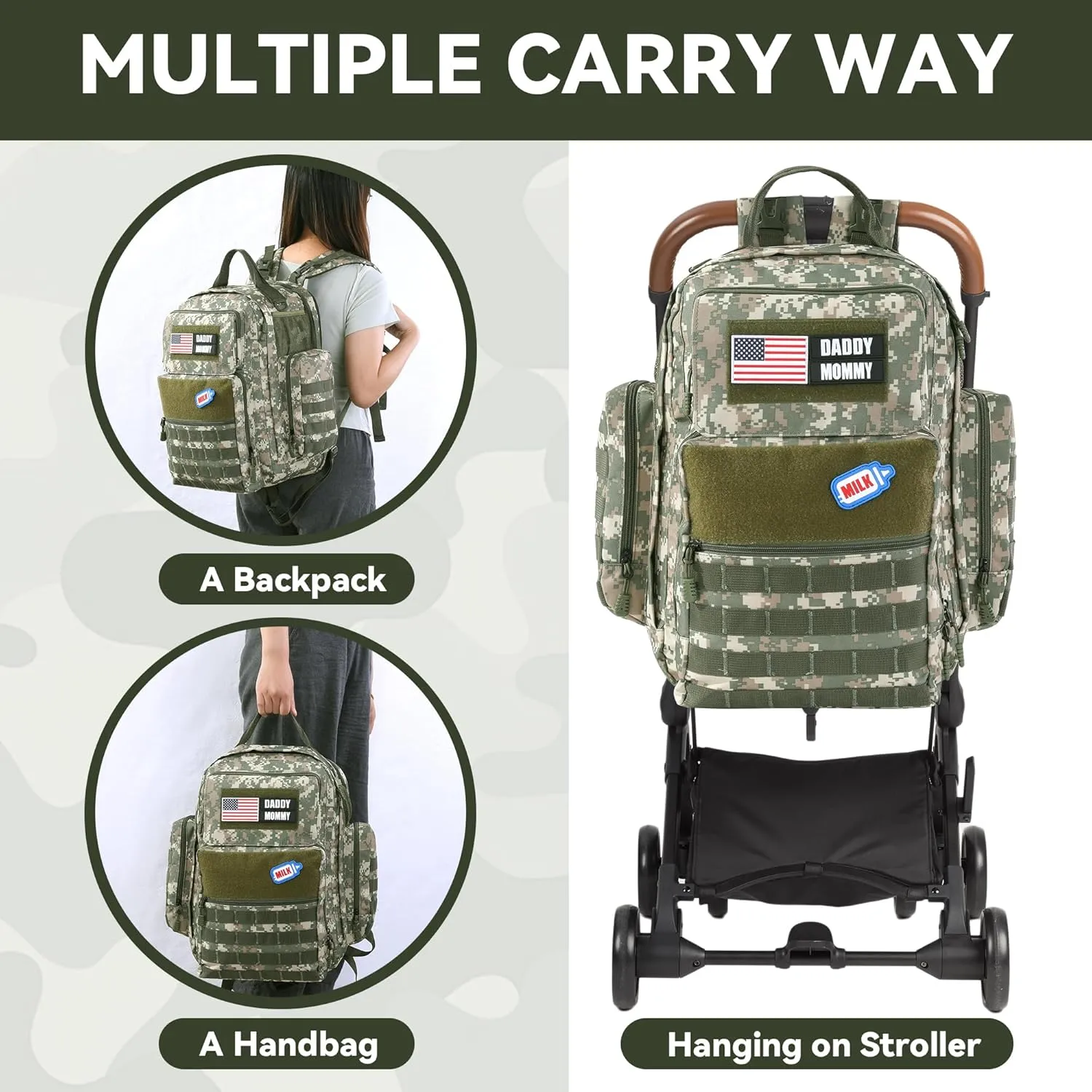 MABOZOO Diaper Bag Backpack for Dad, Green Camouflage Military Diaper Bag Backpack with Waterproof Changing Pad,Large Mens Baby Bag,Unisex Molle Style Baby Backpack Bag
