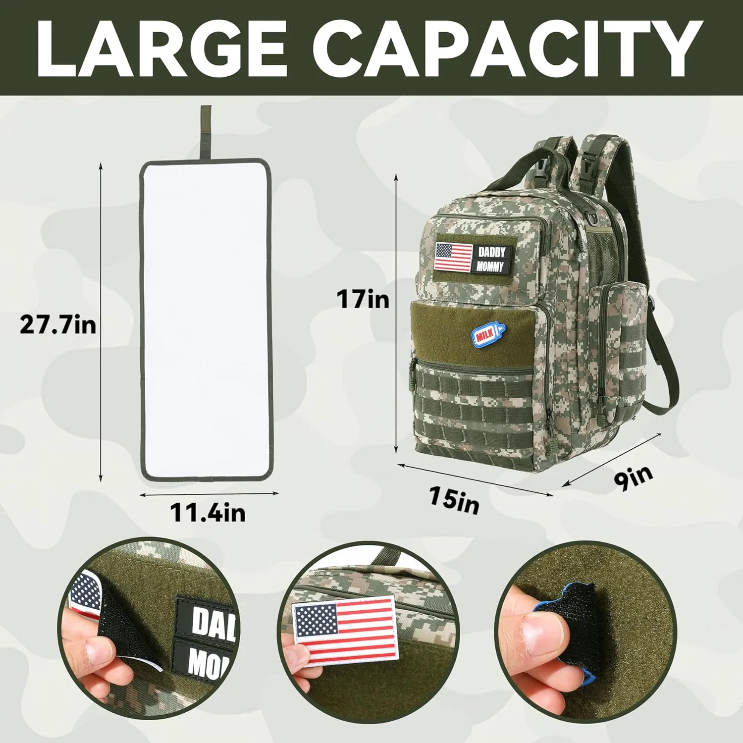 MABOZOO Diaper Bag Backpack for Dad, Green Camouflage Military Diaper Bag Backpack with Waterproof Changing Pad,Large Mens Baby Bag,Unisex Molle Style Baby Backpack Bag