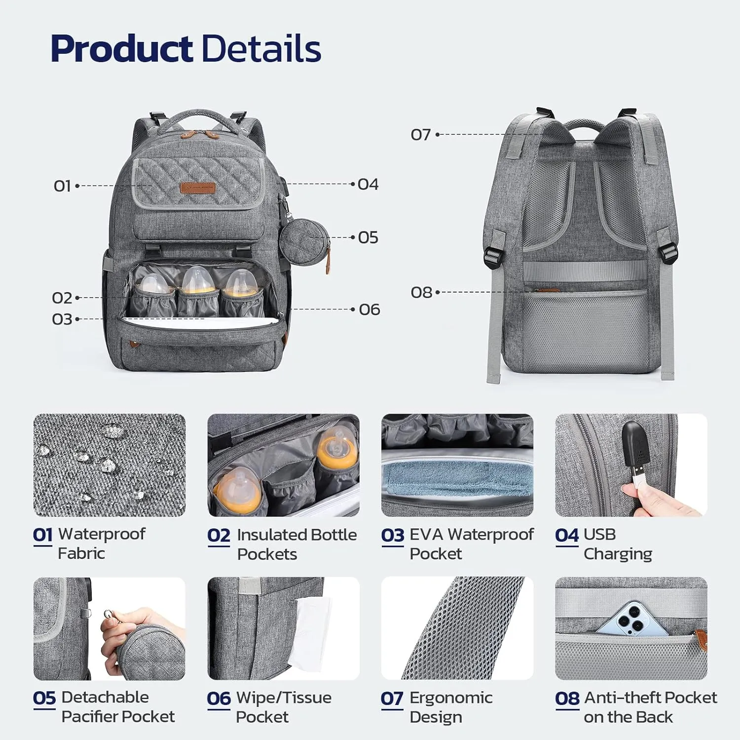 Maelstrom Diaper Bag Backpack,29L-45L Expandable Large Baby Bag for 2 Kids/Twins, with Removable Cross Body Bottle Bag for Mom/Dad,Stylish Nappy Bag Gift for Boys/Girl-Mothers Day Gifts-Elegant Grey