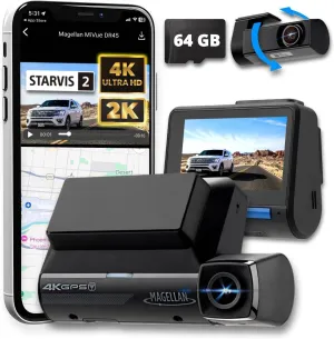 Magellan MiVue DR45 Dual Dash Cam – Front 4K UHD and Rear 2K, STARVIS 2, Night Vision, GPS, Wi-Fi, G-Sensor, Parking Mode, 64GB SD, 2.7” IPS, 2-Year Warranty