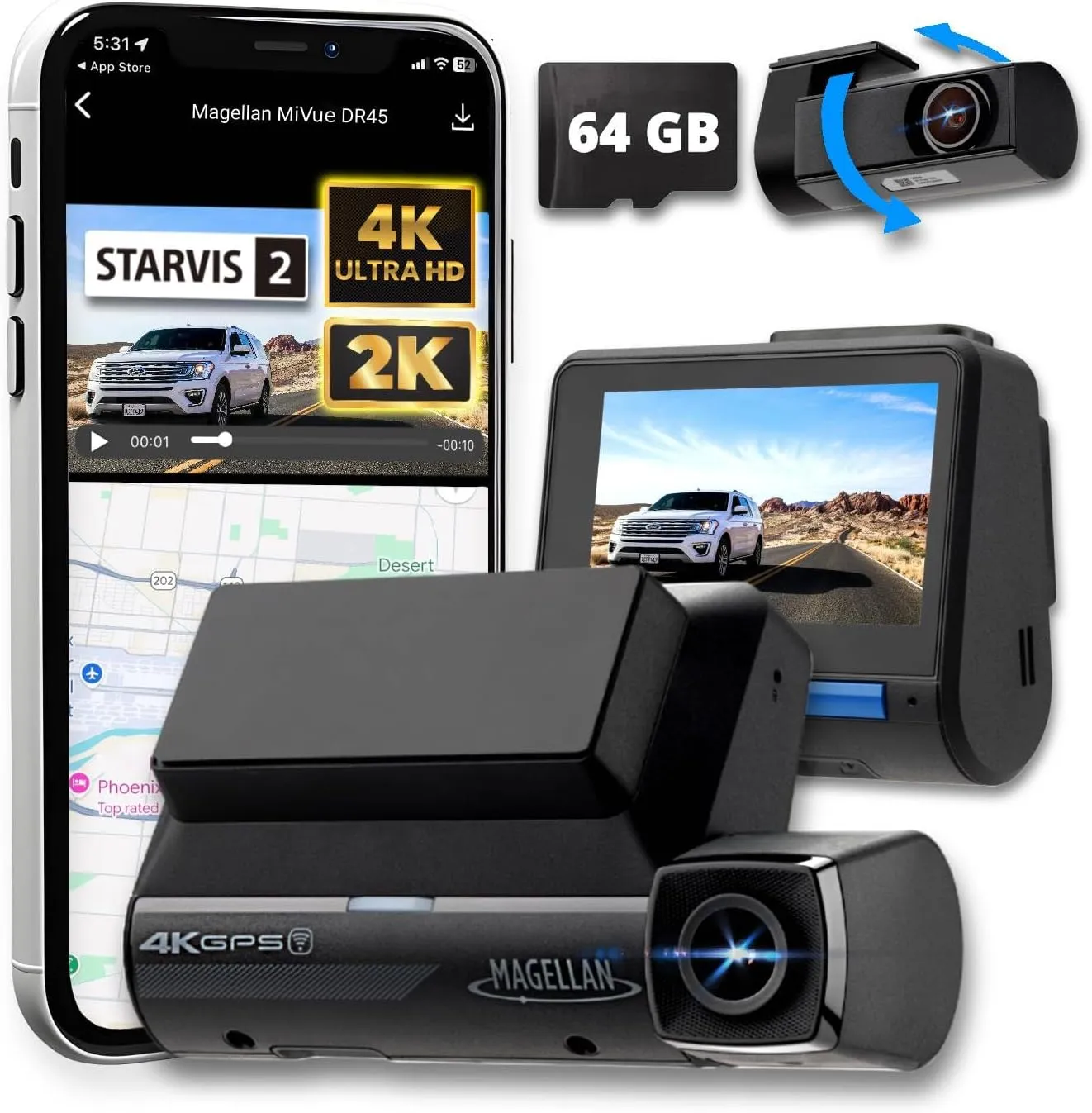 Magellan MiVue DR45 Dual Dash Cam – Front 4K UHD and Rear 2K, STARVIS 2, Night Vision, GPS, Wi-Fi, G-Sensor, Parking Mode, 64GB SD, 2.7” IPS, 2-Year Warranty