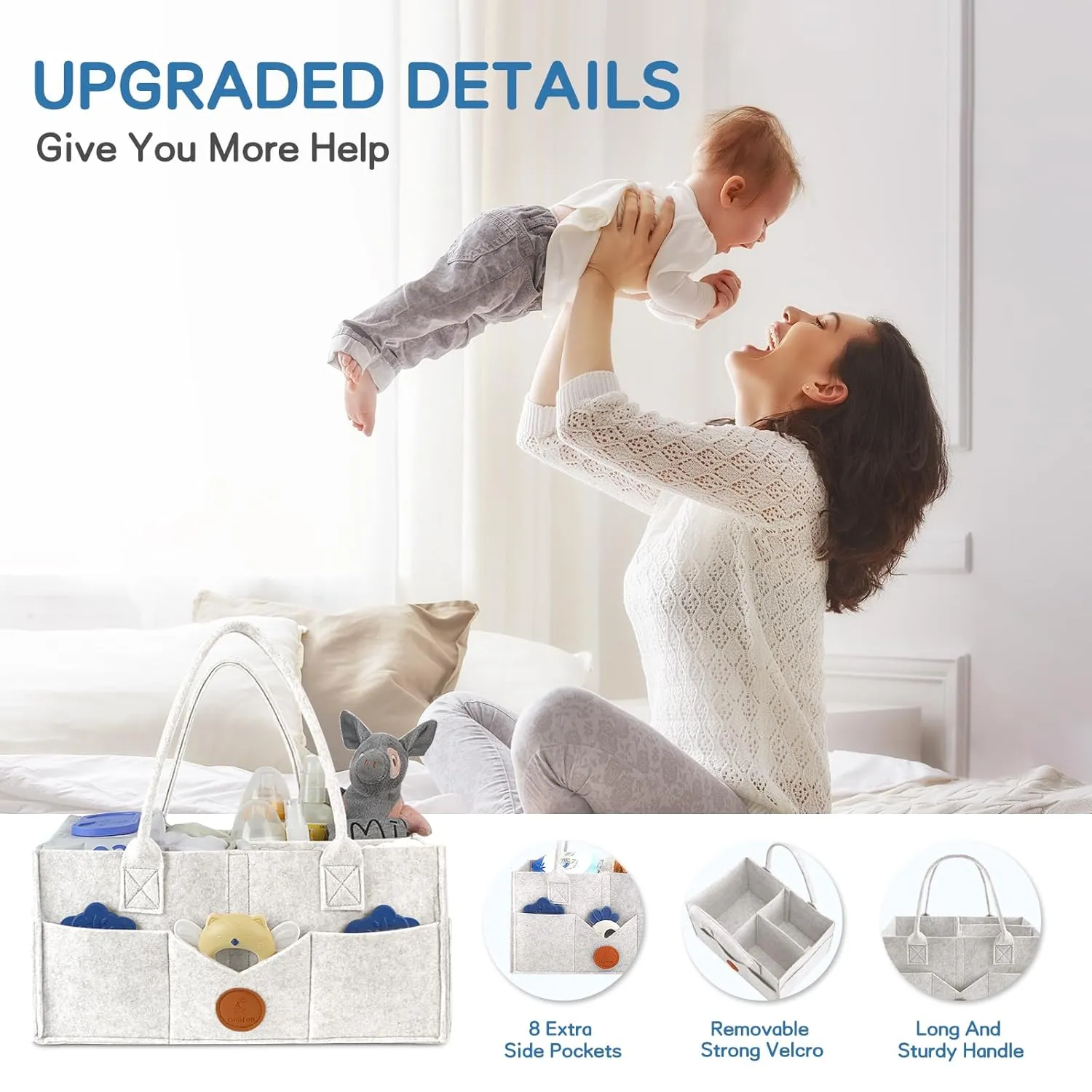 Maliton Diaper Caddy Organizer, Car Organizer with Handle, Felt Diaper Organizer for Baby Boy Girl, Changing Table Organizer for Baby Stuff, 15" x 9" x 7" Baby Organizer for Nursery (White)