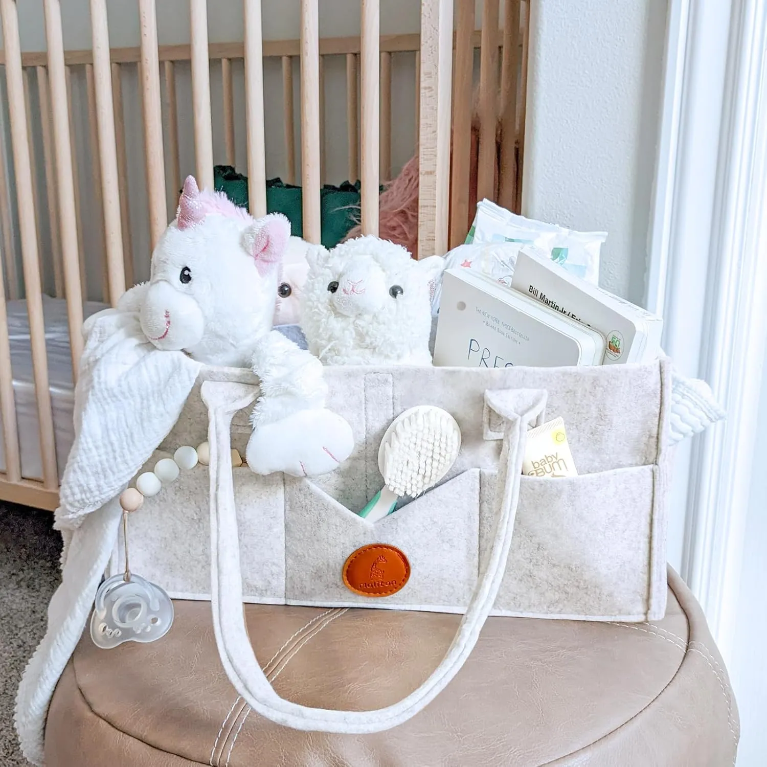 Maliton Diaper Caddy Organizer, Car Organizer with Handle, Felt Diaper Organizer for Baby Boy Girl, Changing Table Organizer for Baby Stuff, 15" x 9" x 7" Baby Organizer for Nursery (White)