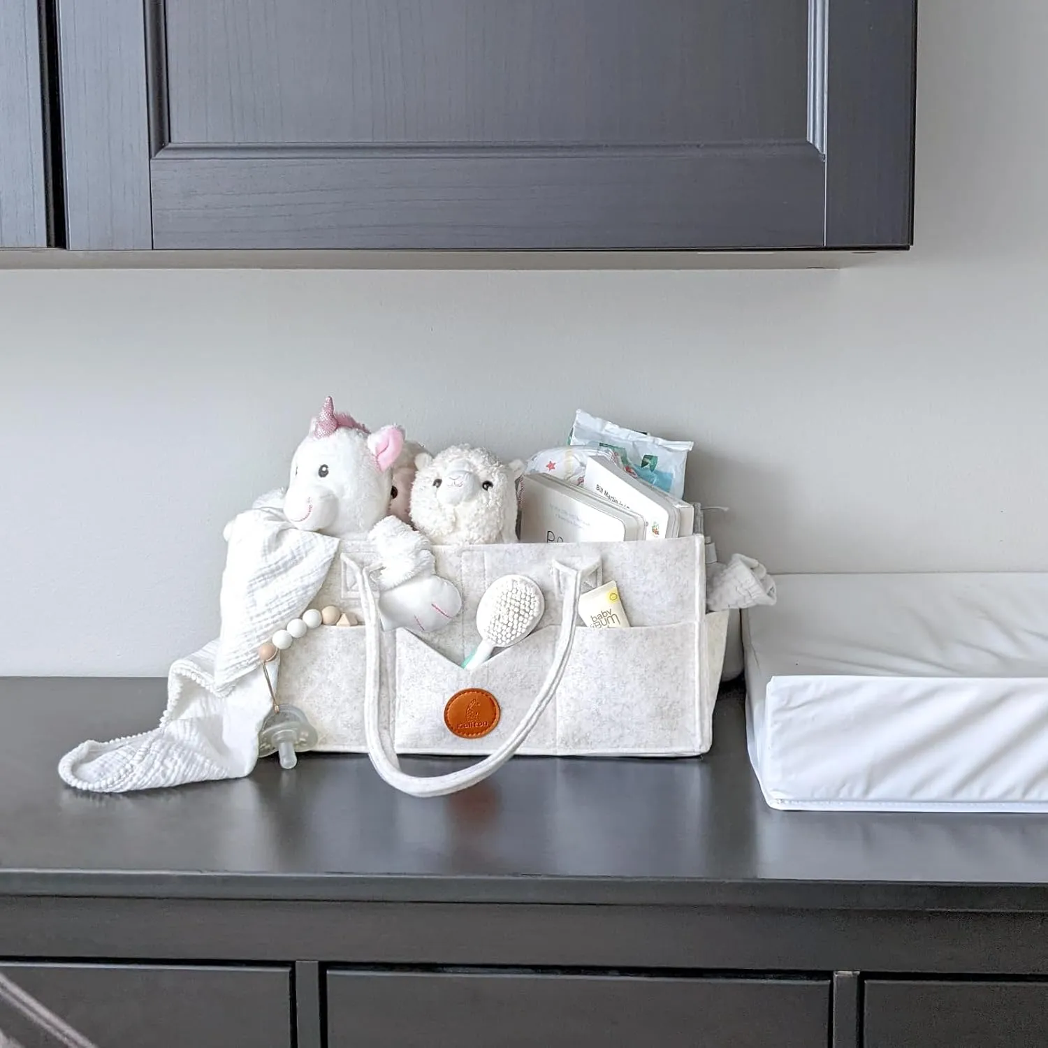 Maliton Diaper Caddy Organizer, Car Organizer with Handle, Felt Diaper Organizer for Baby Boy Girl, Changing Table Organizer for Baby Stuff, 15" x 9" x 7" Baby Organizer for Nursery (White)
