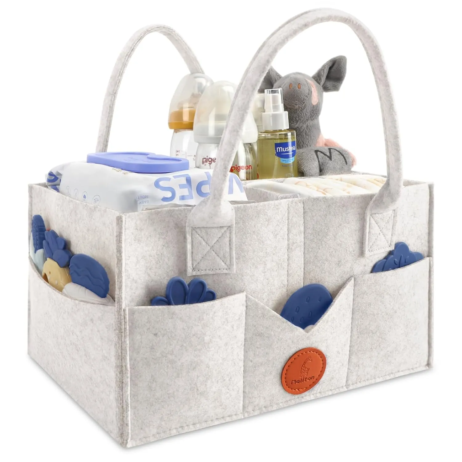 Maliton Diaper Caddy Organizer, Car Organizer with Handle, Felt Diaper Organizer for Baby Boy Girl, Changing Table Organizer for Baby Stuff, 15" x 9" x 7" Baby Organizer for Nursery (White)