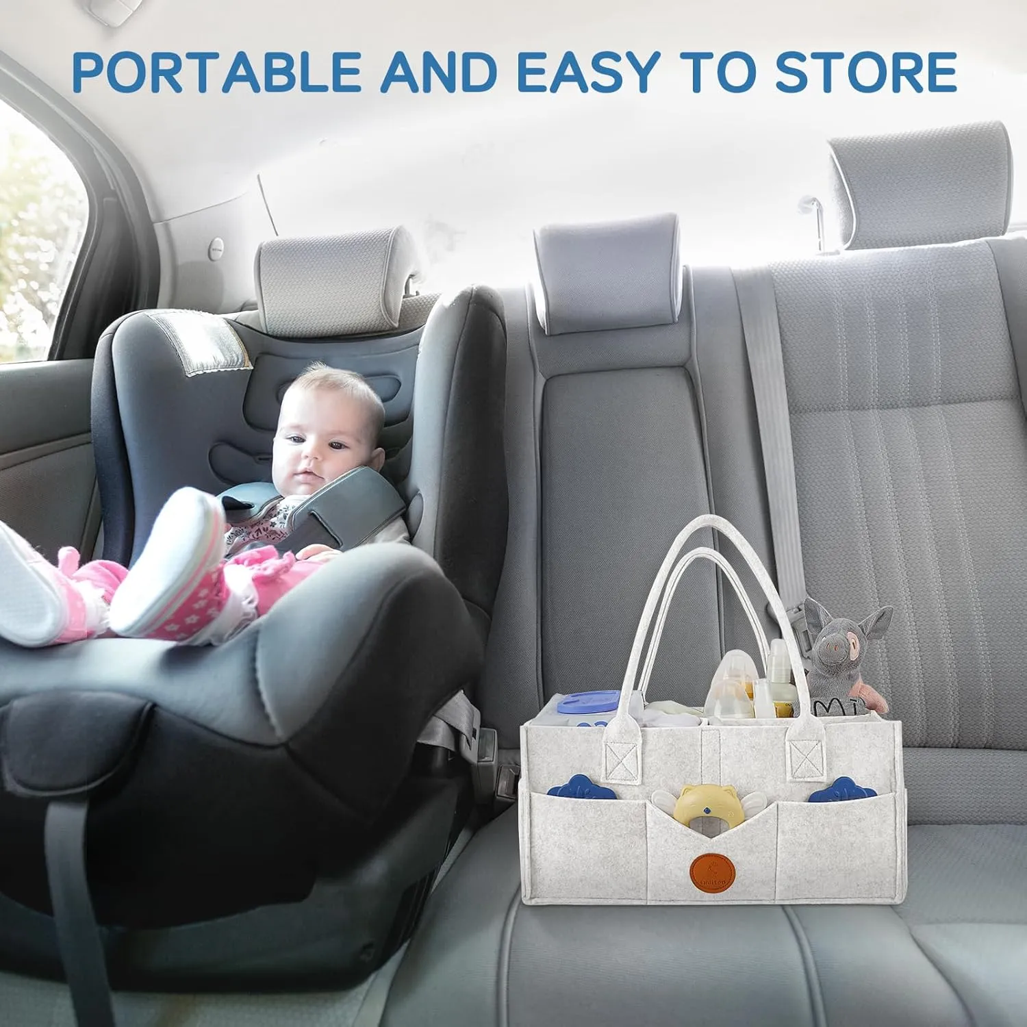 Maliton Diaper Caddy Organizer, Car Organizer with Handle, Felt Diaper Organizer for Baby Boy Girl, Changing Table Organizer for Baby Stuff, 15" x 9" x 7" Baby Organizer for Nursery (White)
