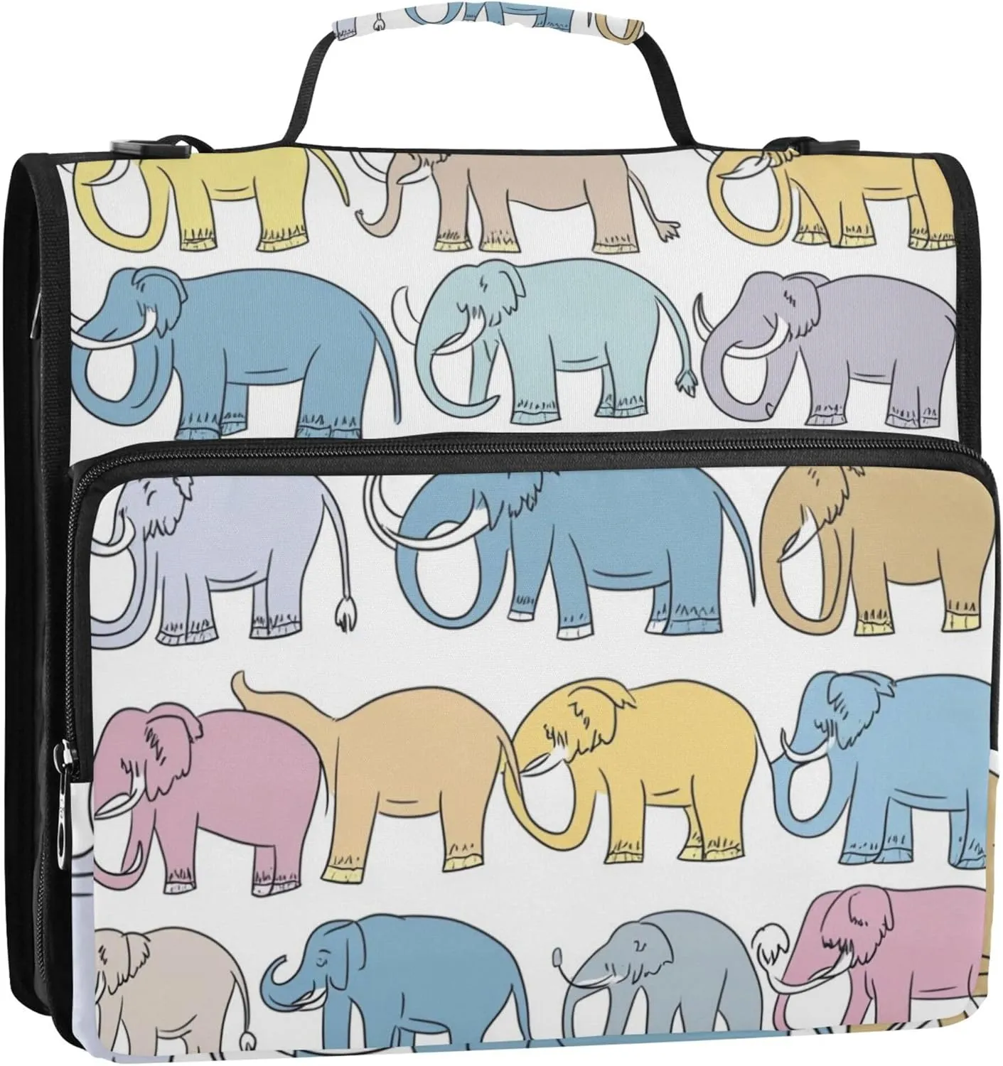 Mammoth Elephants Colorful Zipper Binder Bag, 1.5 inch 3 Ring Binder File Organizer Box with Shoulder Strap, Multi-Pocket, 500 Sheet Capacity