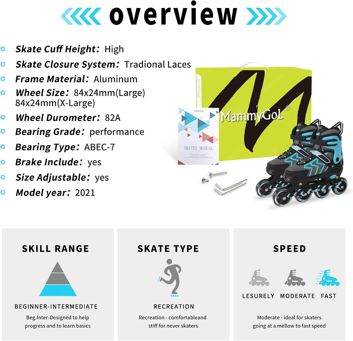 MammyGol Inline Skates for Adults Kids, Adjustable Aggressive Durable Roller Skates with Giant Wheels, High Performance Skates for Men Women Boys Girls