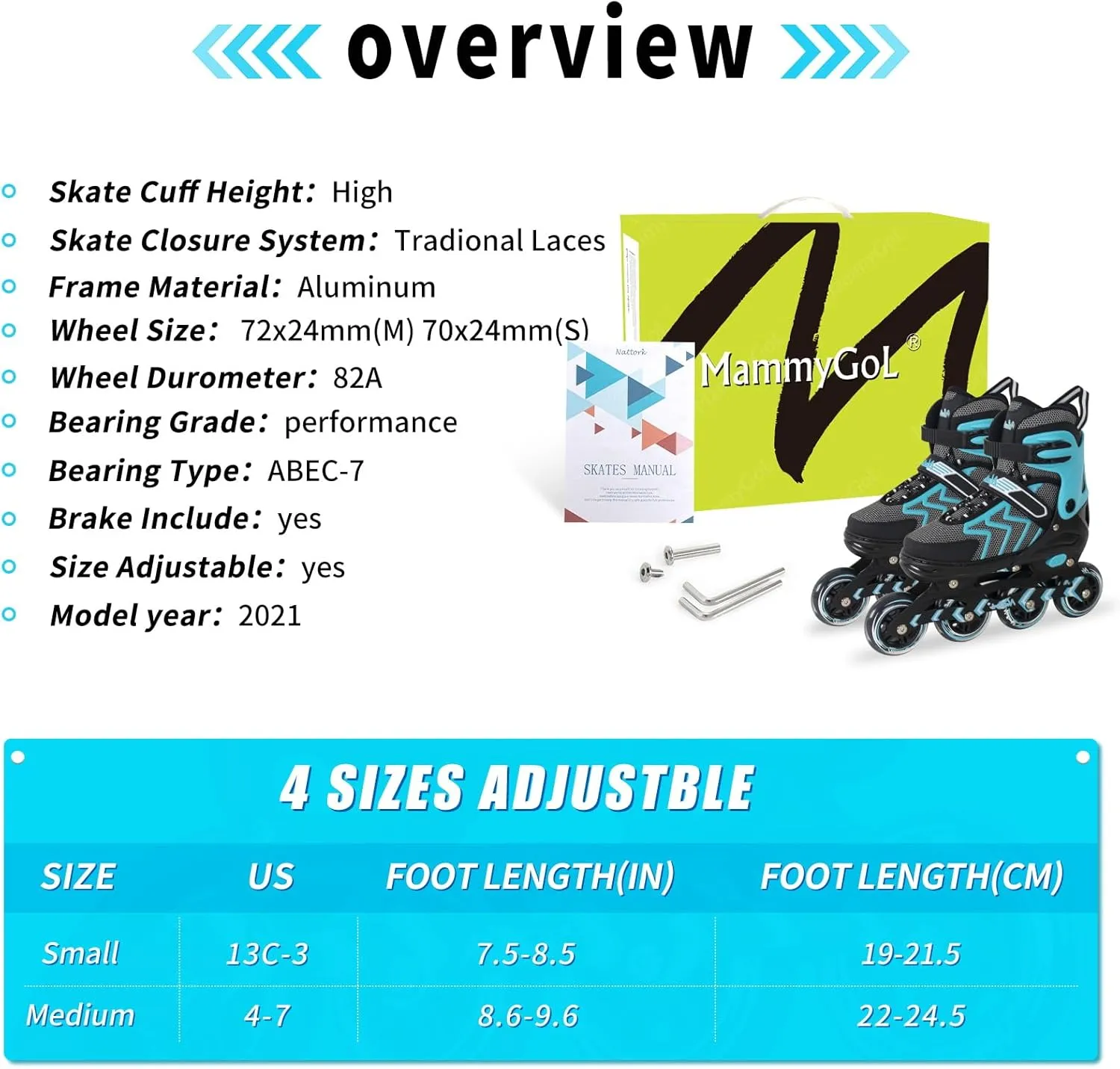 MammyGol Inline Skates for Adults Kids, Adjustable Aggressive Durable Roller Skates with Giant Wheels, High Performance Skates for Men Women Boys Girls