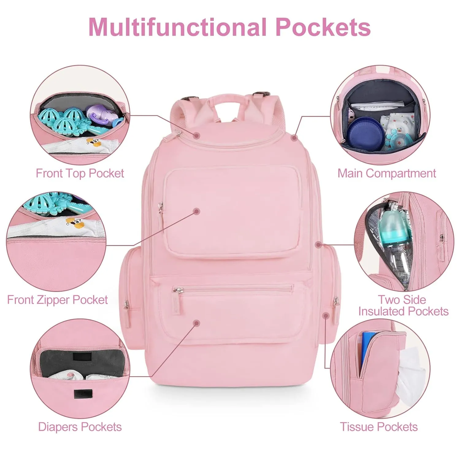 Mancro Diaper Bag Backpack, Large Multifunction Baby Backpack for Travel with Stroller Strap and 2 Insulated Pockets, Diaper Baby Bag for Mom, Pink