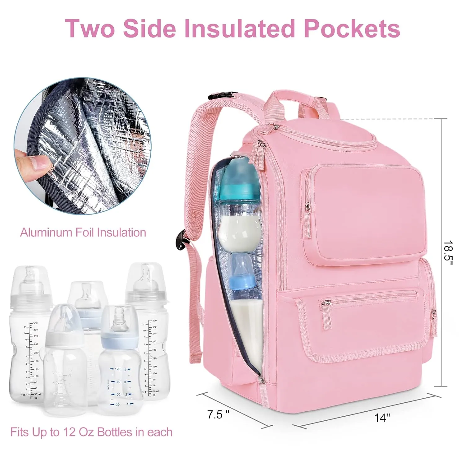 Mancro Diaper Bag Backpack, Large Multifunction Baby Backpack for Travel with Stroller Strap and 2 Insulated Pockets, Diaper Baby Bag for Mom, Pink