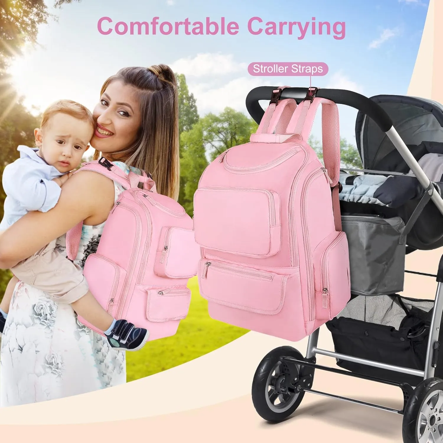 Mancro Diaper Bag Backpack, Large Multifunction Baby Backpack for Travel with Stroller Strap and 2 Insulated Pockets, Diaper Baby Bag for Mom, Pink