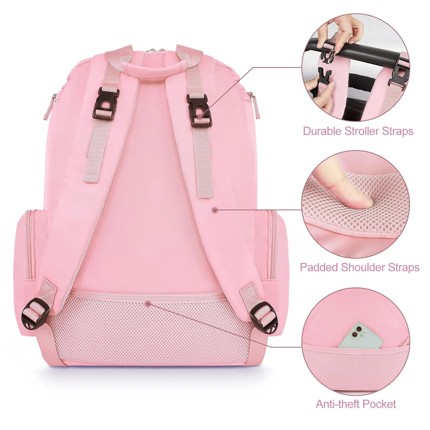 Mancro Diaper Bag Backpack, Large Multifunction Baby Backpack for Travel with Stroller Strap and 2 Insulated Pockets, Diaper Baby Bag for Mom, Pink