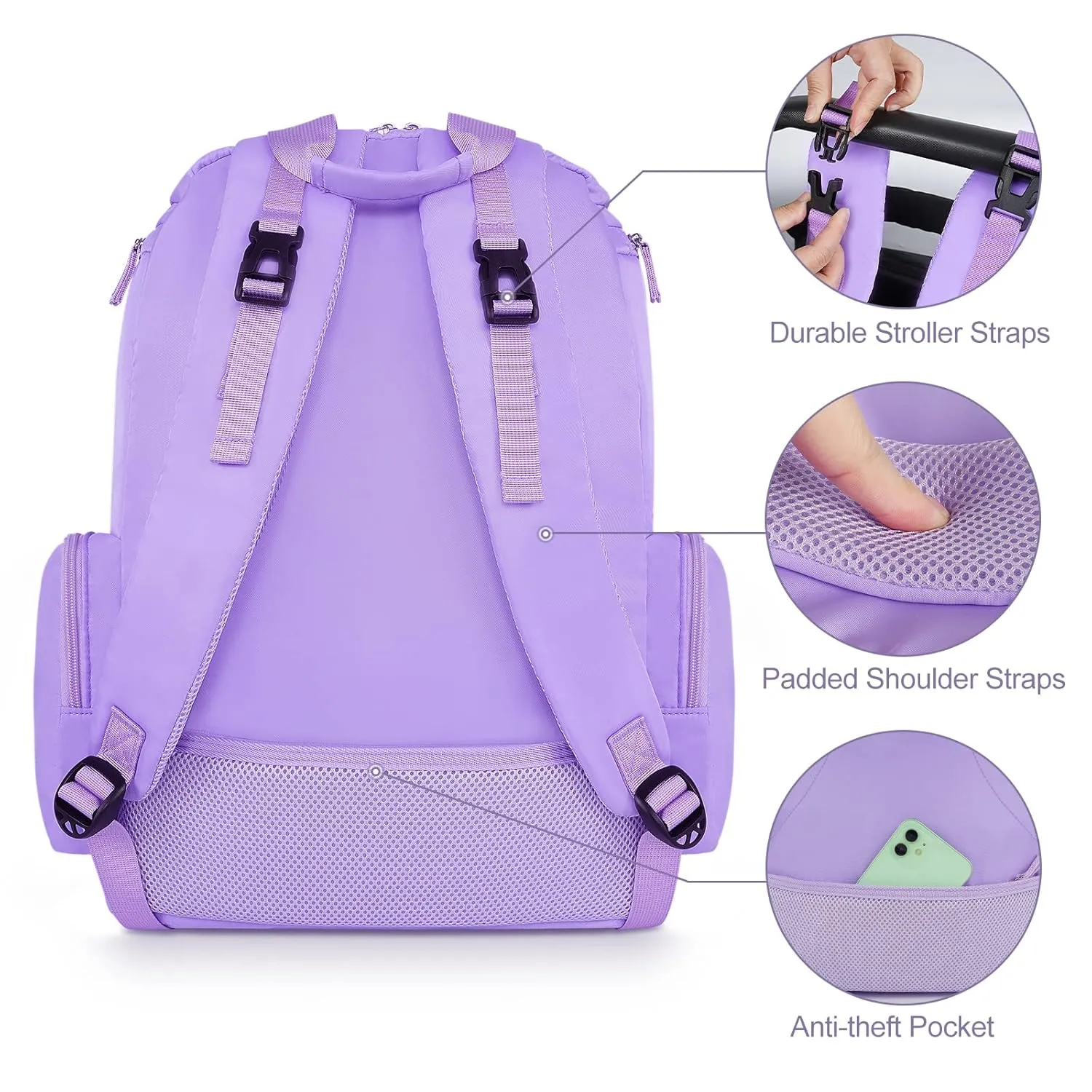 Mancro Diaper Bag for Baby Girl and Boys , Multifunctional Baby Diaper Bag for Mom and Dad with Stroller Strap and Anti-theft Pocket, Large Travel Diaper Backpack for New Parents, Purple