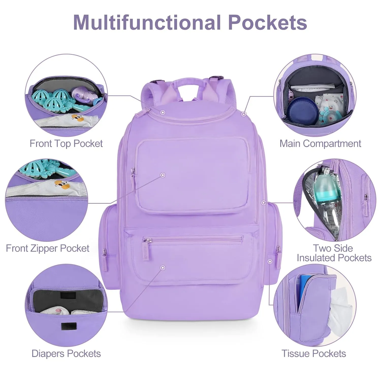 Mancro Diaper Bag for Baby Girl and Boys , Multifunctional Baby Diaper Bag for Mom and Dad with Stroller Strap and Anti-theft Pocket, Large Travel Diaper Backpack for New Parents, Purple