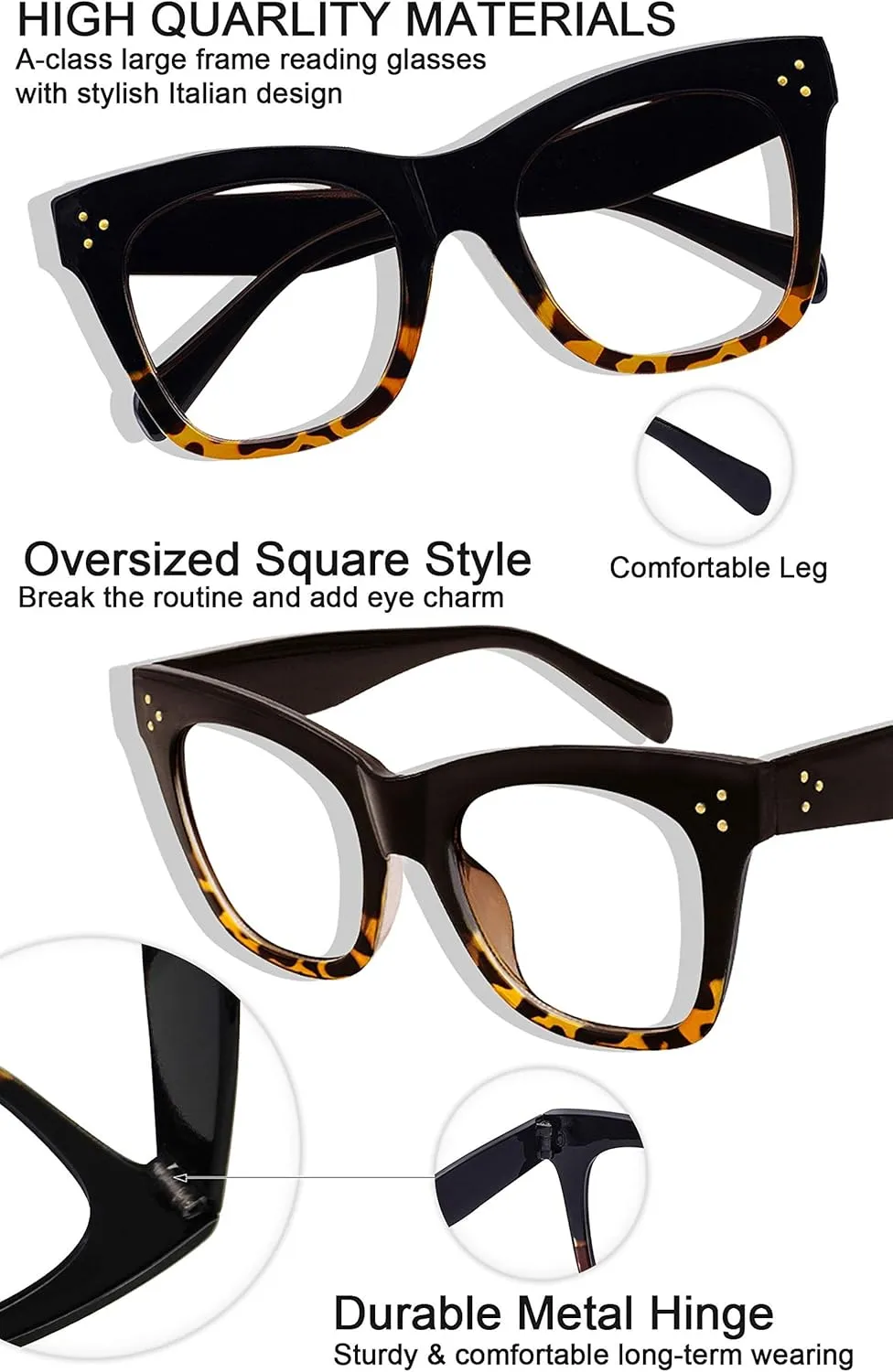 MARE AZZURO Oversized Reading Glasses Women Trendy Large Readers 0 1.00 1.25 1.50 1.75 2.00 2.25 2.50 2.75 3.00 3.50 4.00 5.00 6.00 (Brown, 1.75)