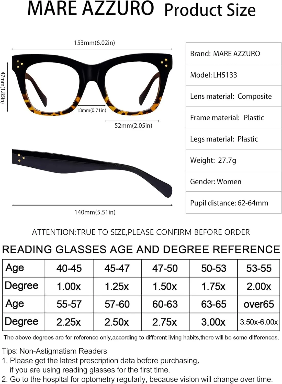 MARE AZZURO Oversized Reading Glasses Women Trendy Large Readers 0 1.00 1.25 1.50 1.75 2.00 2.25 2.50 2.75 3.00 3.50 4.00 5.00 6.00 (Brown, 1.75)