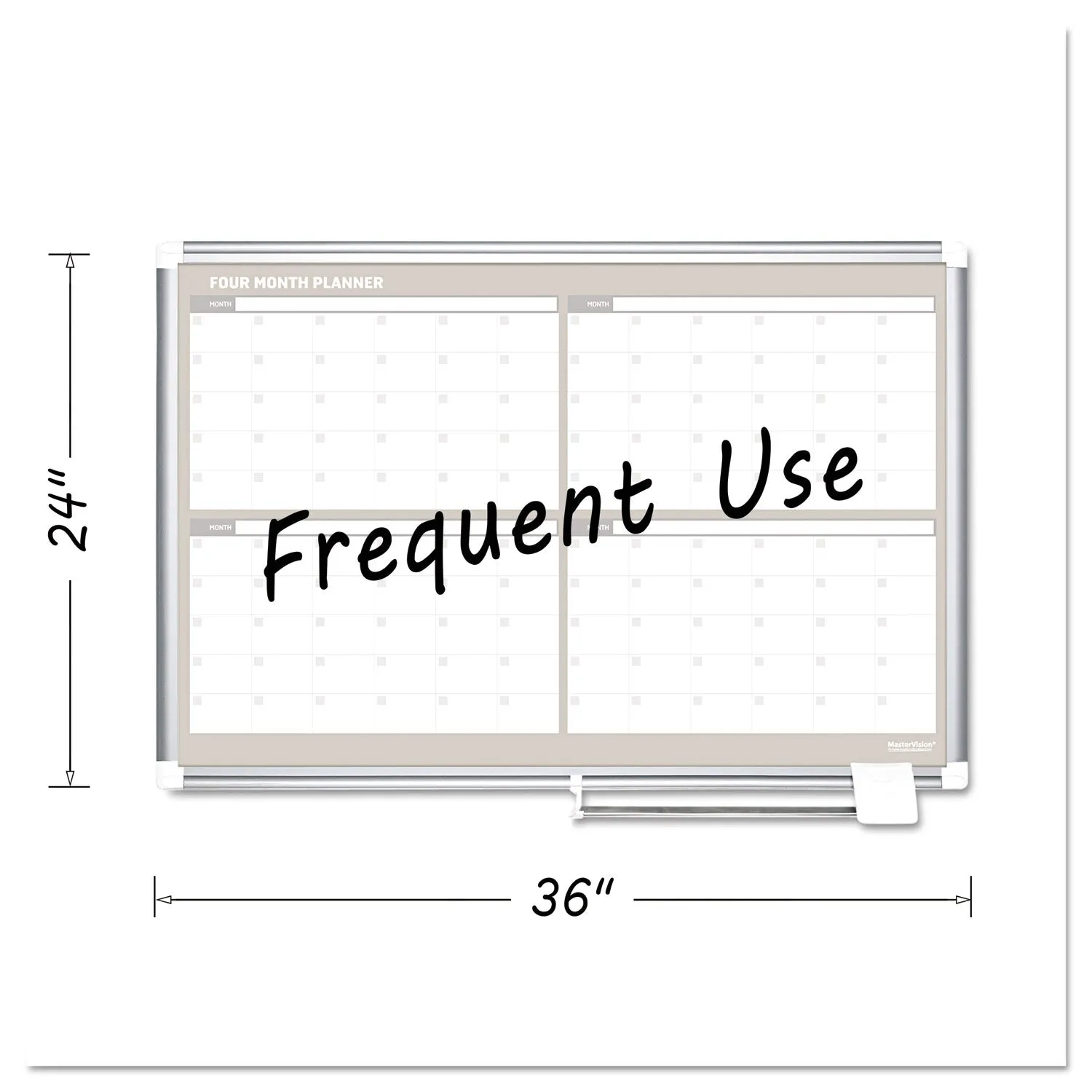 MasterVision® Magnetic Dry Erase Calendar Board, Four-Month Planning/Scheduling, 36" x 24", White Surface, Satin Aluminum Frame