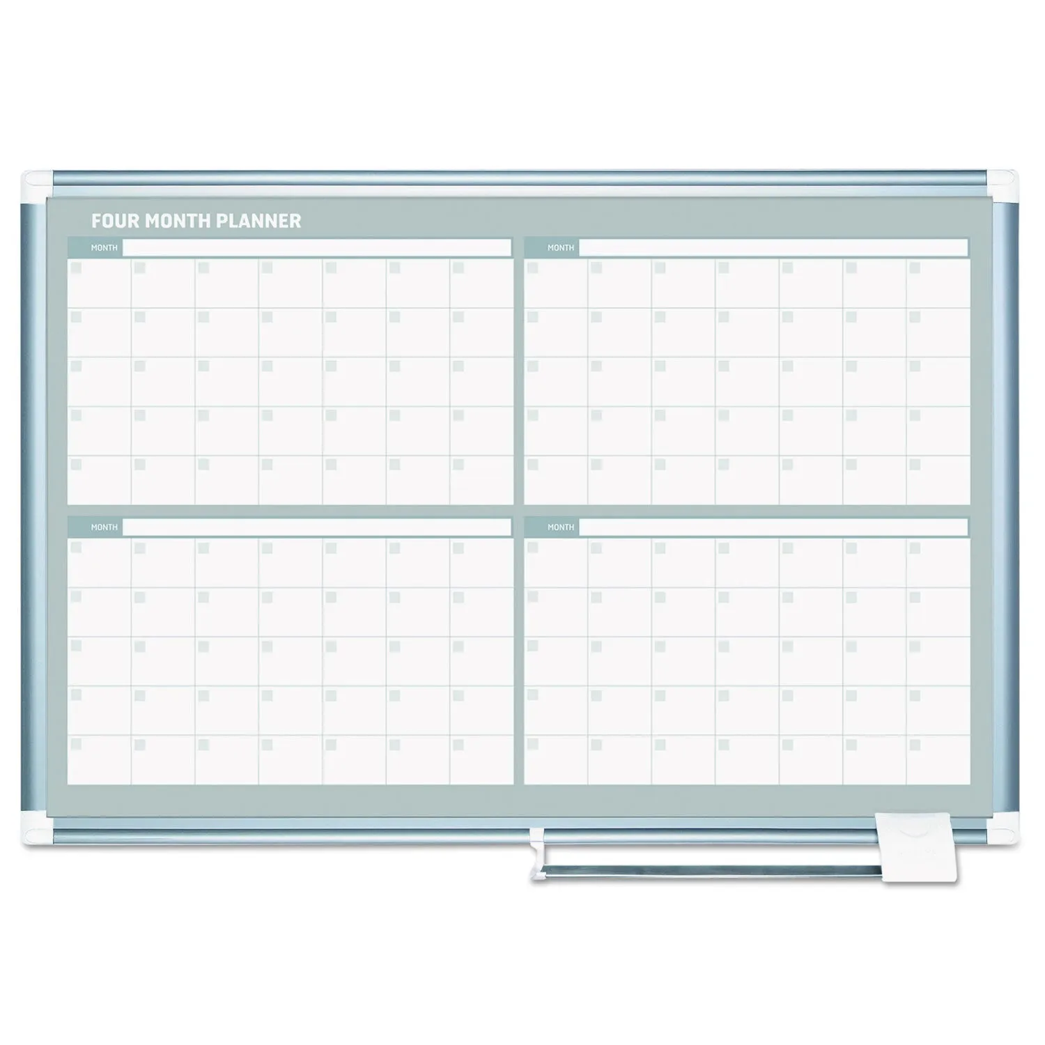 MasterVision® Magnetic Dry Erase Calendar Board, Four-Month Planning/Scheduling, 36" x 24", White Surface, Satin Aluminum Frame