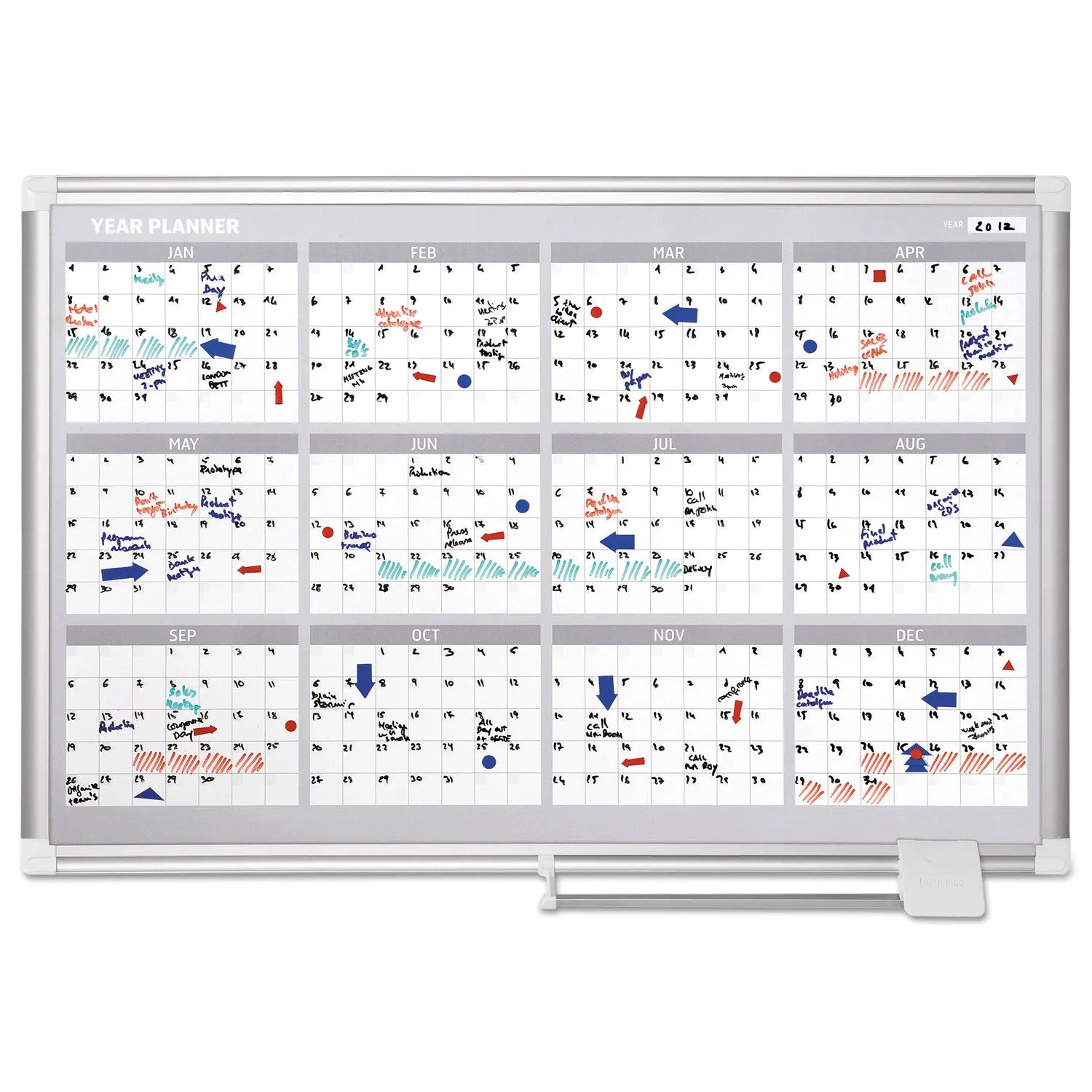MasterVision® Magnetic Dry Erase Calendar Board, Four-Month Planning/Scheduling, 36" x 24", White Surface, Satin Aluminum Frame