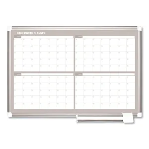 MasterVision® Magnetic Dry Erase Calendar Board, Four-Month Planning/Scheduling, 36" x 24", White Surface, Satin Aluminum Frame