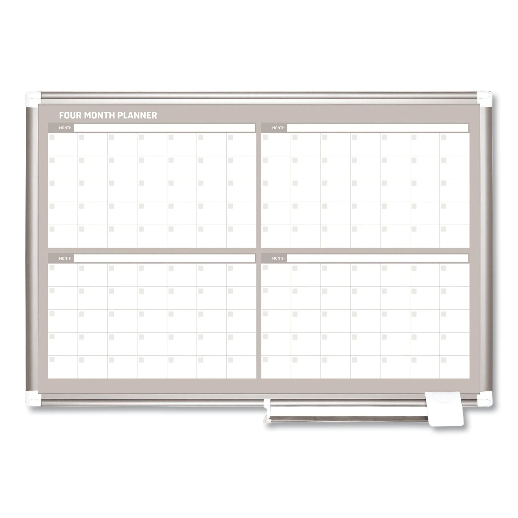 MasterVision® Magnetic Dry Erase Calendar Board, Four-Month Planning/Scheduling, 36" x 24", White Surface, Satin Aluminum Frame