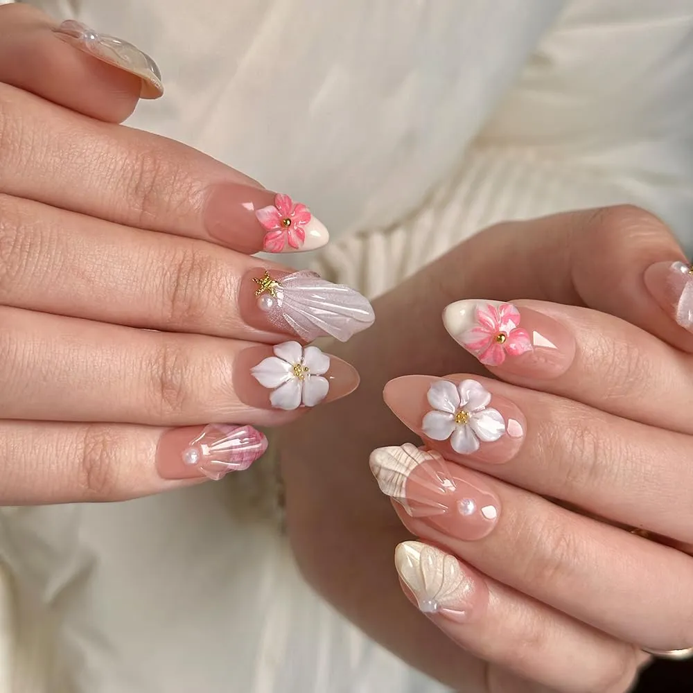 Medium - Luxury Medium Almond 3D False Nails Women Reusable ABS Material Finger Printed Nail Tip French Salon Design Artificial Fingernail-M-size