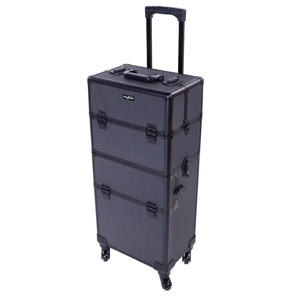 mefeir 2 in 1 Rolling Makeup Train Case Professional Cosmetic trolley on Wheels Aluminum Nail Cart Cosmetic Suitcase for professional makeup artist, Luggage Lockable w/4 Removable Wheels (Black)