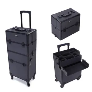 mefeir 2 in 1 Rolling Makeup Train Case, Travel Makeup Organizer Cosmetic Display Case, Aluminum Cosmetology Supply Suitcase on Wheels, Beauty Storage Luggage Lockable w/4 Removable Wheels (Black)
