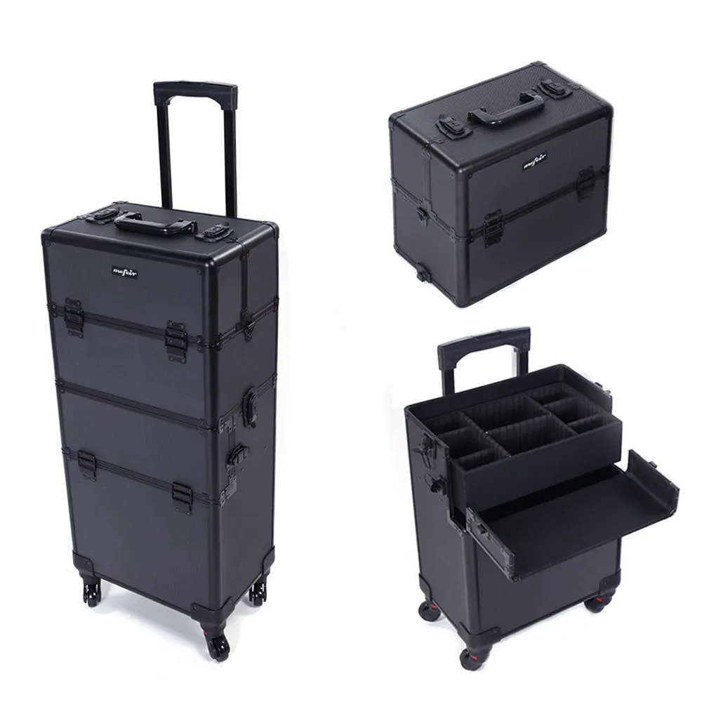 mefeir 2 in 1 Rolling Makeup Train Case, Travel Makeup Organizer Cosmetic Display Case, Aluminum Cosmetology Supply Suitcase on Wheels, Beauty Storage Luggage Lockable w/4 Removable Wheels (Black)