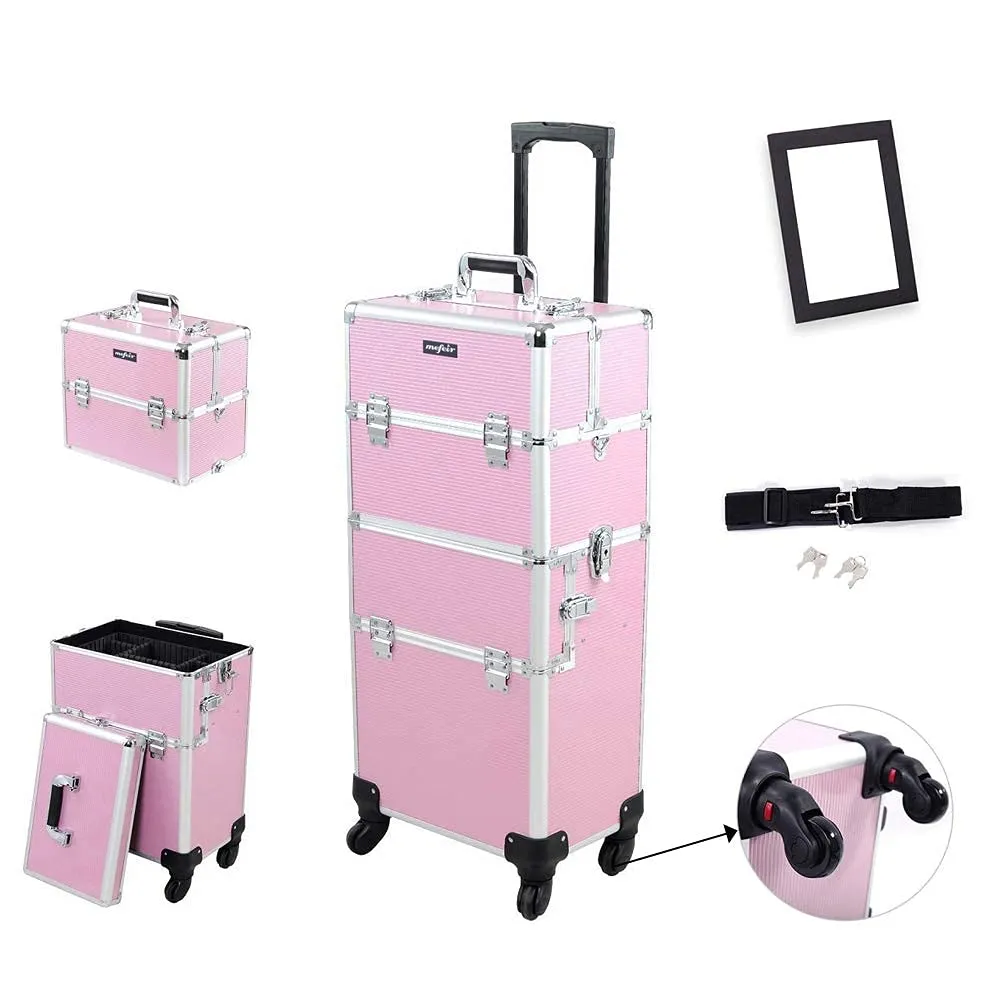mefeir 2 in 1 Rolling Makeup Train Case, Travel Makeup Organizer Cosmetic Display Case, Aluminum Cosmetology Supply Suitcase on Wheels, Beauty Storage Luggage Lockable w/4 Removable Wheels (Pink)