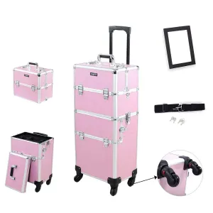 mefeir 2 in 1 Rolling Makeup Train Case, Travel Makeup Organizer Cosmetic Display Case, Aluminum Cosmetology Supply Suitcase on Wheels, Beauty Storage Luggage Lockable w/4 Removable Wheels (Pink)