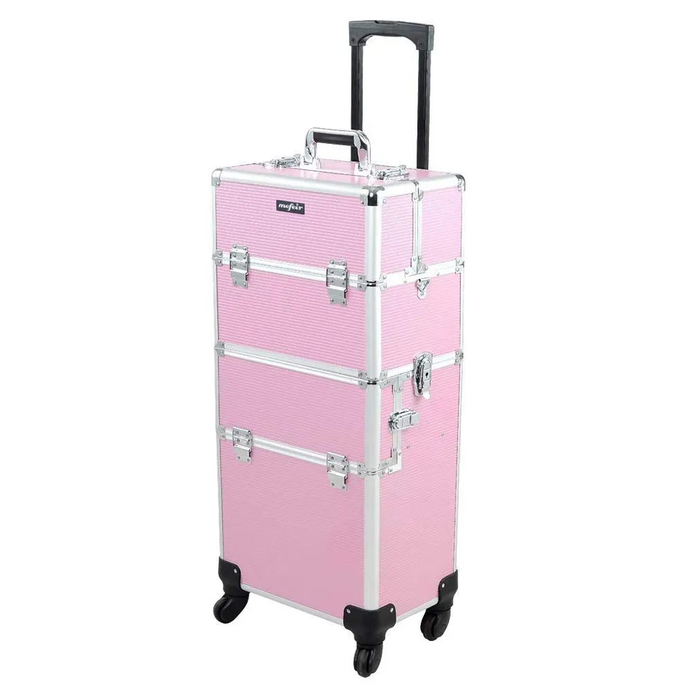 mefeir 2 in 1 Rolling Makeup Train Case, Travel Makeup Organizer Cosmetic Display Case, Aluminum Cosmetology Supply Suitcase on Wheels, Beauty Storage Luggage Lockable w/4 Removable Wheels (Pink)