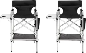 mefeir 2 PCS 31" Tall Upgraded Director Makeup Artist Chair Bar Height, Aluminum Frame Supports 300 lbs, Folding Portable with Side Table Storage Bag Black,19.2" D x 23.6" W x 45.6" H (2 PCS)