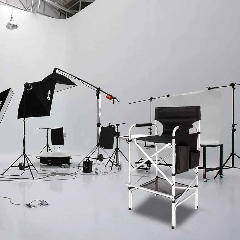mefeir 2 PCS 31" Tall Upgraded Director Makeup Artist Chair Bar Height, Aluminum Frame Supports 300 lbs, Folding Portable with Side Table Storage Bag Black,19.2" D x 23.6" W x 45.6" H (2 PCS)
