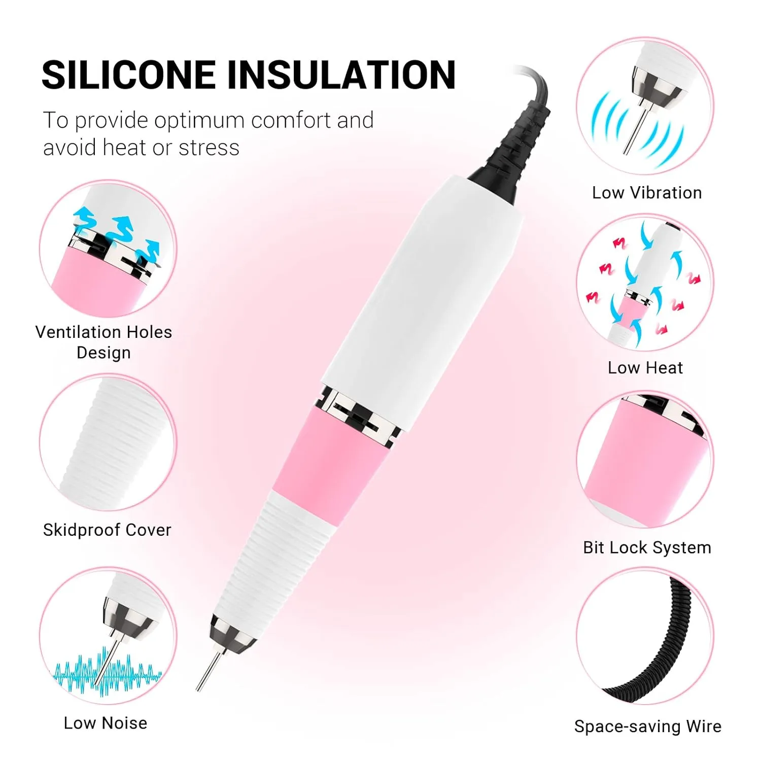 MelodySusie Professional SC300I Electric Nail Drill, 30000 RPM Rechargeable Portable Nail Drills, Cordless Electric Nail File Machine with 6 Bits and 106 Sanding Bands , Pink