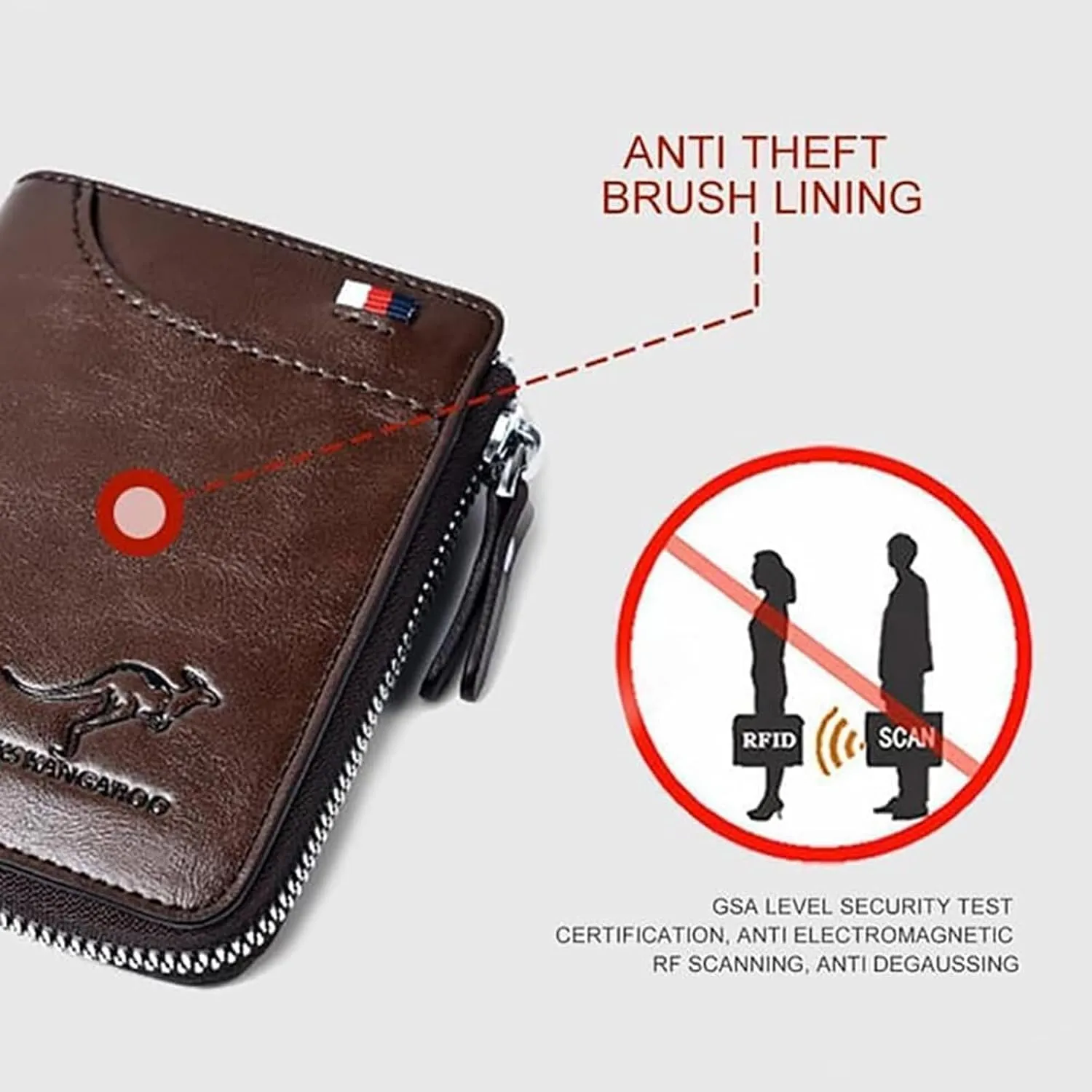 Men Wallet Zipper Purse - Aiks Kangaroo Wallets, RFID Blocking Leather Wallet Credit Card ID Holder Zipper Purse Waterproof (Fiber Gray)