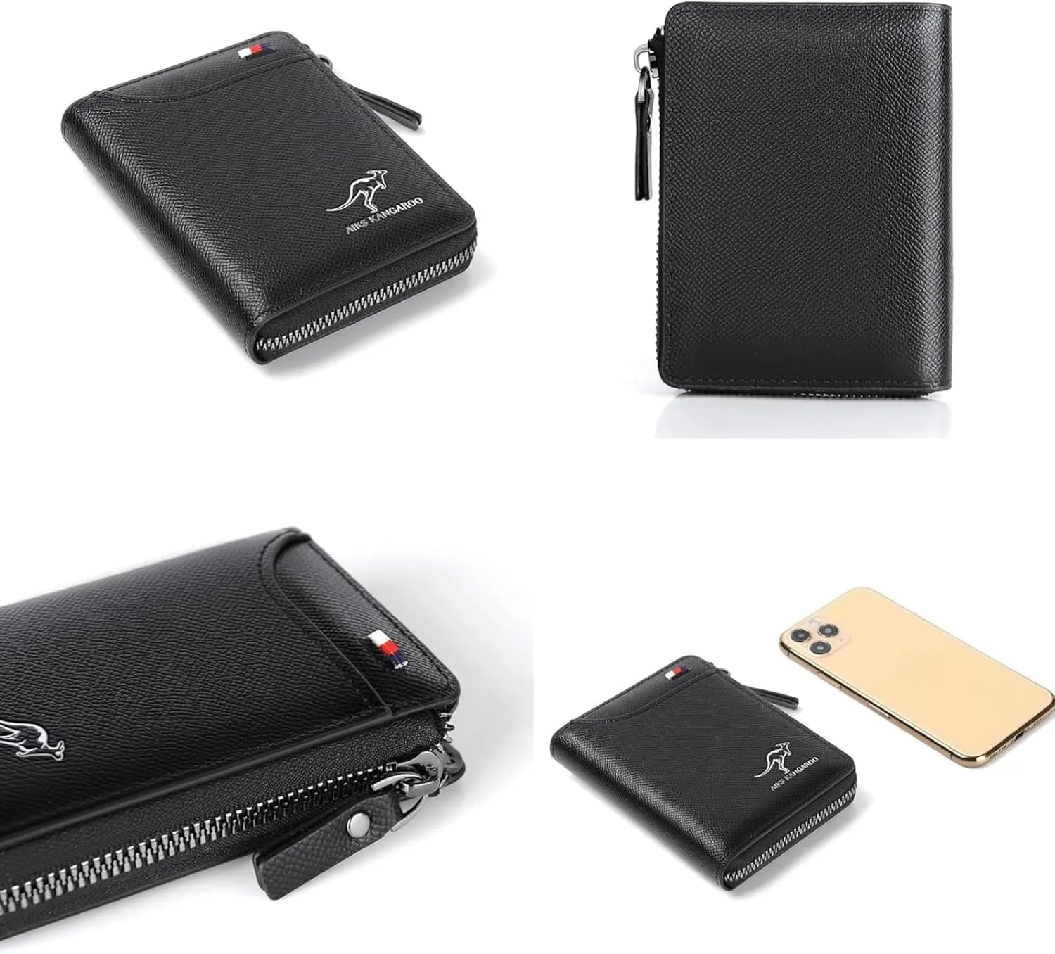 Men Wallet Zipper Purse - Aiks Kangaroo Wallets, RFID Blocking Leather Wallet Credit Card ID Holder Zipper Purse Waterproof (Fiber Gray)