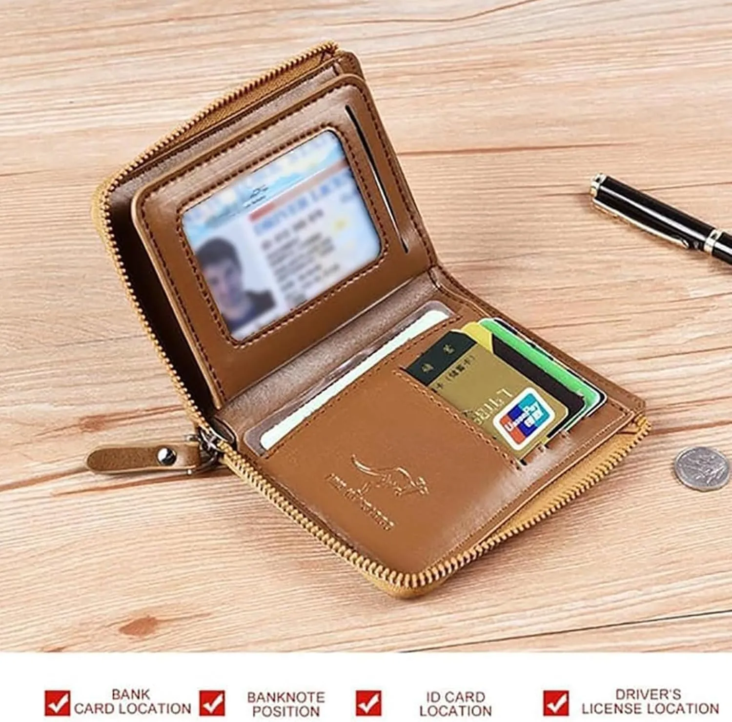 Men Wallet Zipper Purse - Aiks Kangaroo Wallets, RFID Blocking Leather Wallet Credit Card ID Holder Zipper Purse Waterproof (Fiber Gray)