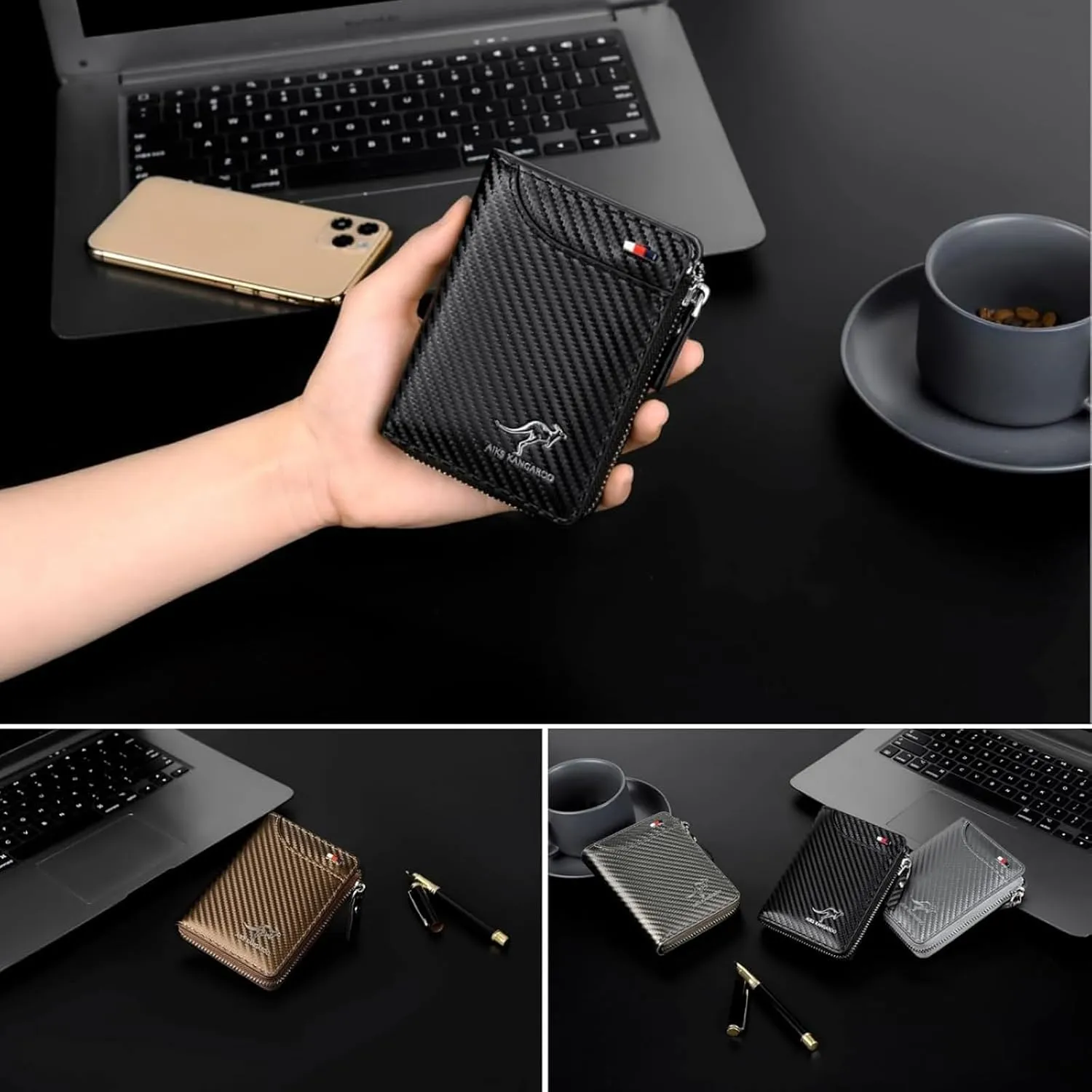 Men Wallet Zipper Purse - Aiks Kangaroo Wallets, RFID Blocking Leather Wallet Credit Card ID Holder Zipper Purse Waterproof (Fiber Gray)