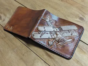 Men's 3D Genuine Leather Wallet, Hand-Carved, Hand-Painted, Leather Carving, Custom wallet, Personalized wallet, Aeroplane, Pilot, Plane, Aviation, Aircraft, Constructor