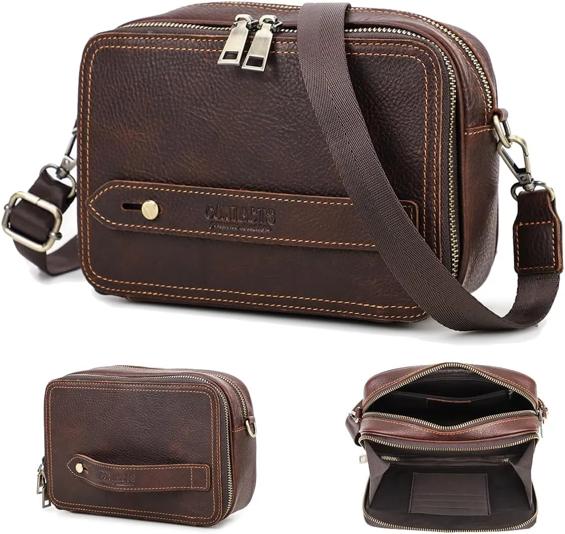 Mens Clutch Bag Leather Crossbody Bag Clutch Wallet Travel Brown Shoulder Bag iPad Bag Card Holder Phone Purse Side Bag